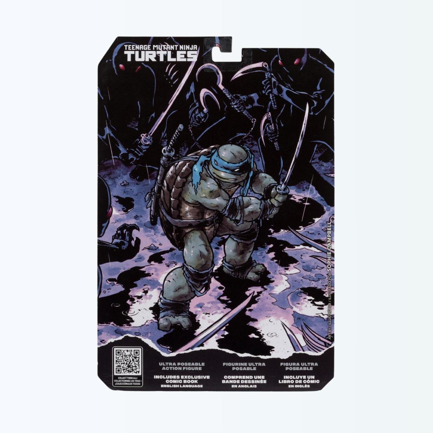 Rear packaging art showing Leonardo action figure facing off against Foot Clan ninjas