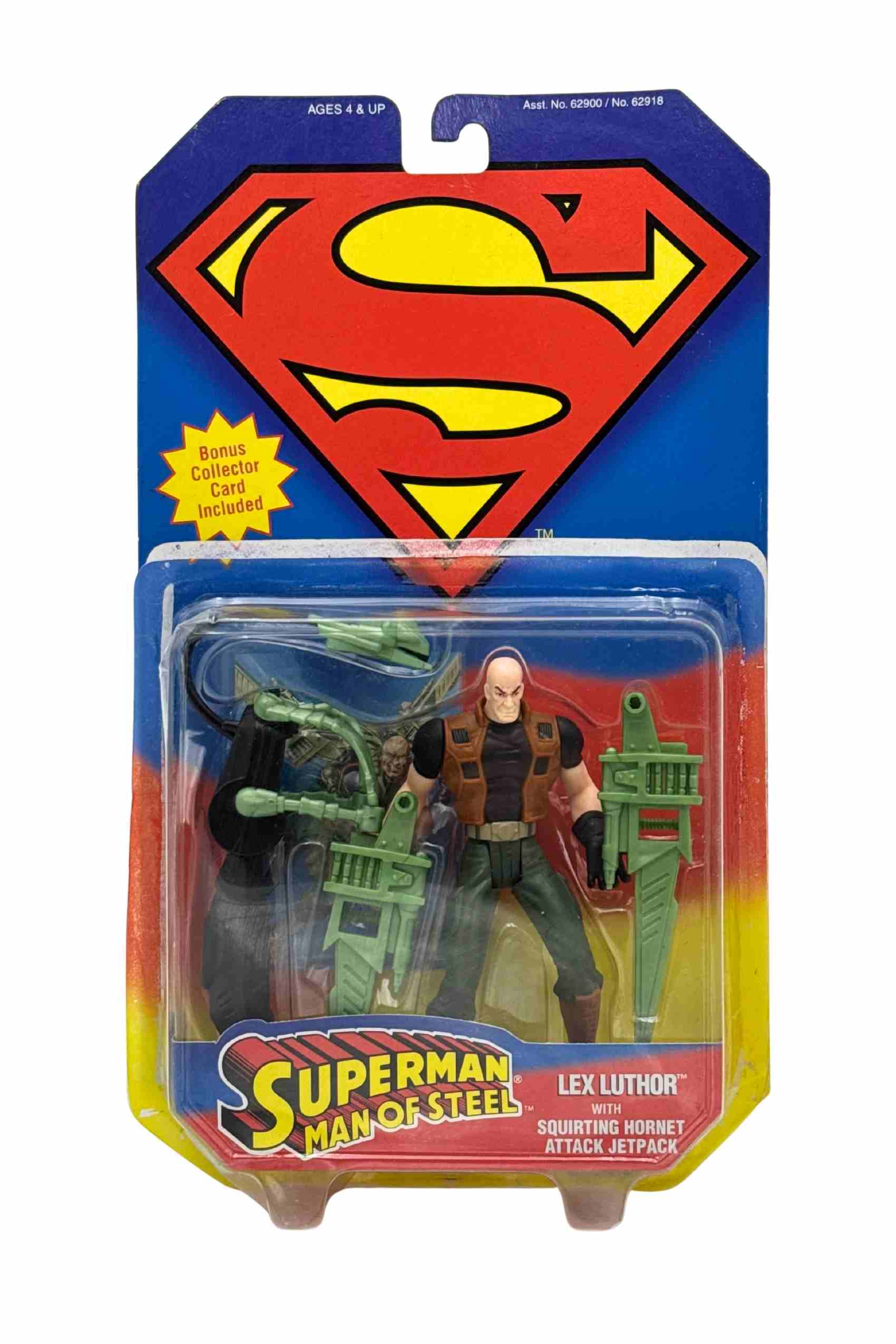 Front carded shot of Lex Luthor action figure with green squirt attack jetpack, twin blaster accessories and brown tactical vest in blister packaging with removed bubble placed on top of card