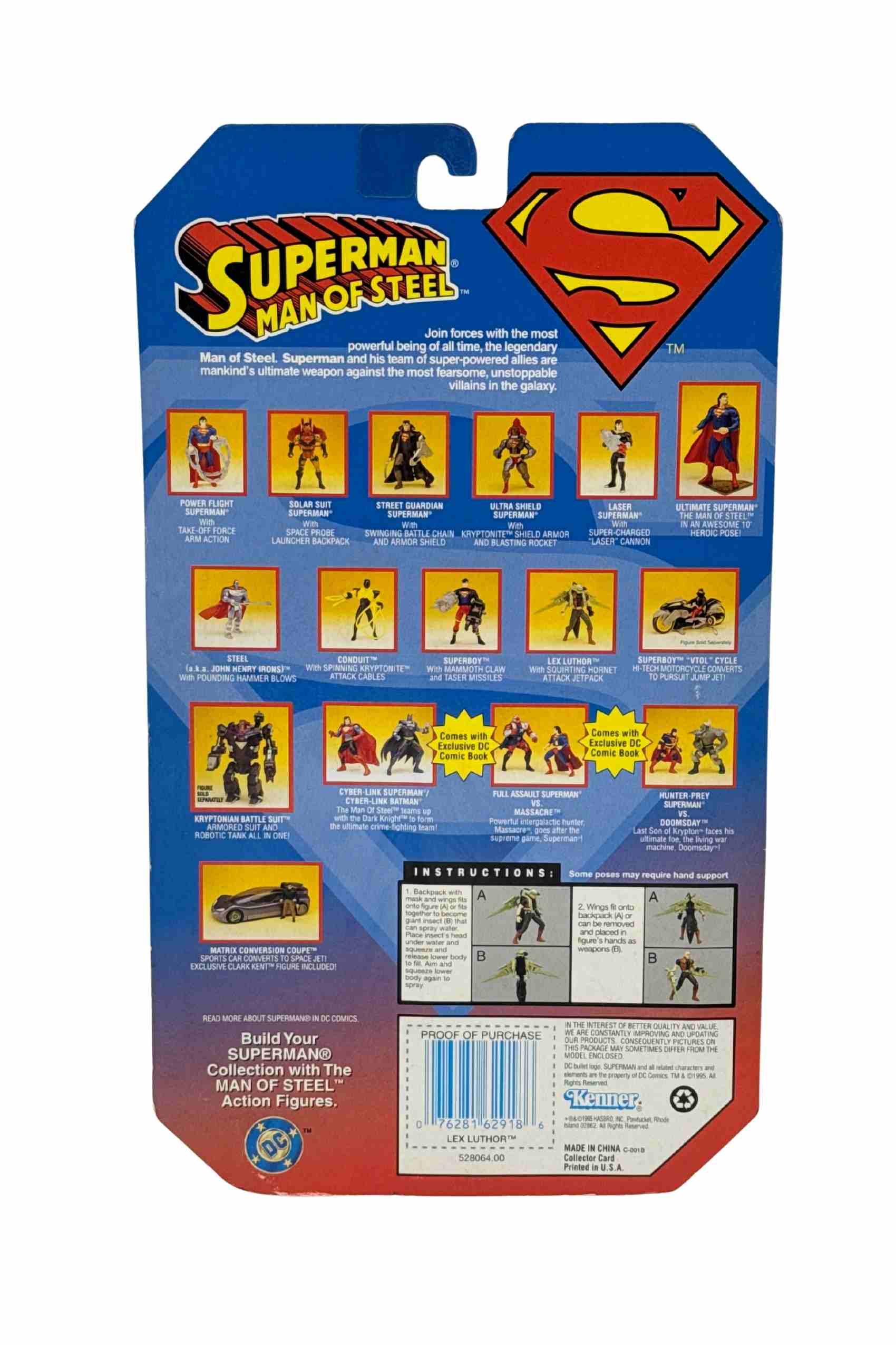 Rear packaging shot of Lex Luthor action figure showing Superman Man of Steel lineup including Steel, Superboy, Conduit and Cyborg Superman