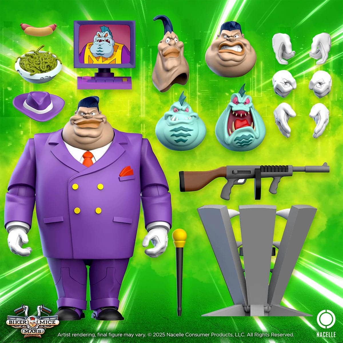 Lawrence Limburger action figure accessories including interchangeable heads hands hat tommy gun cane TV prop and mousetrap on a green background