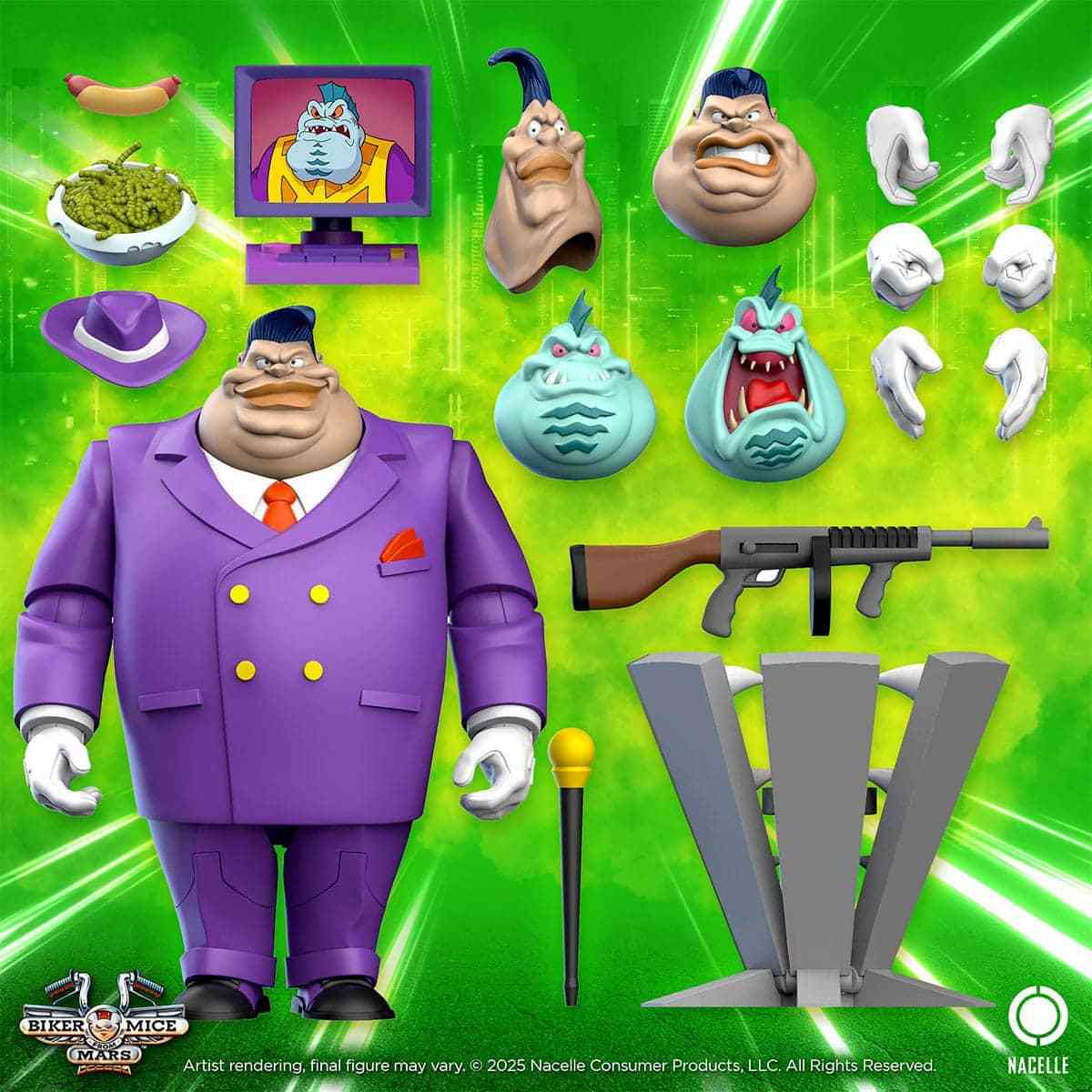 Lawrence Limburger action figure accessories including interchangeable heads hands hat tommy gun cane TV prop and mousetrap on a green background
