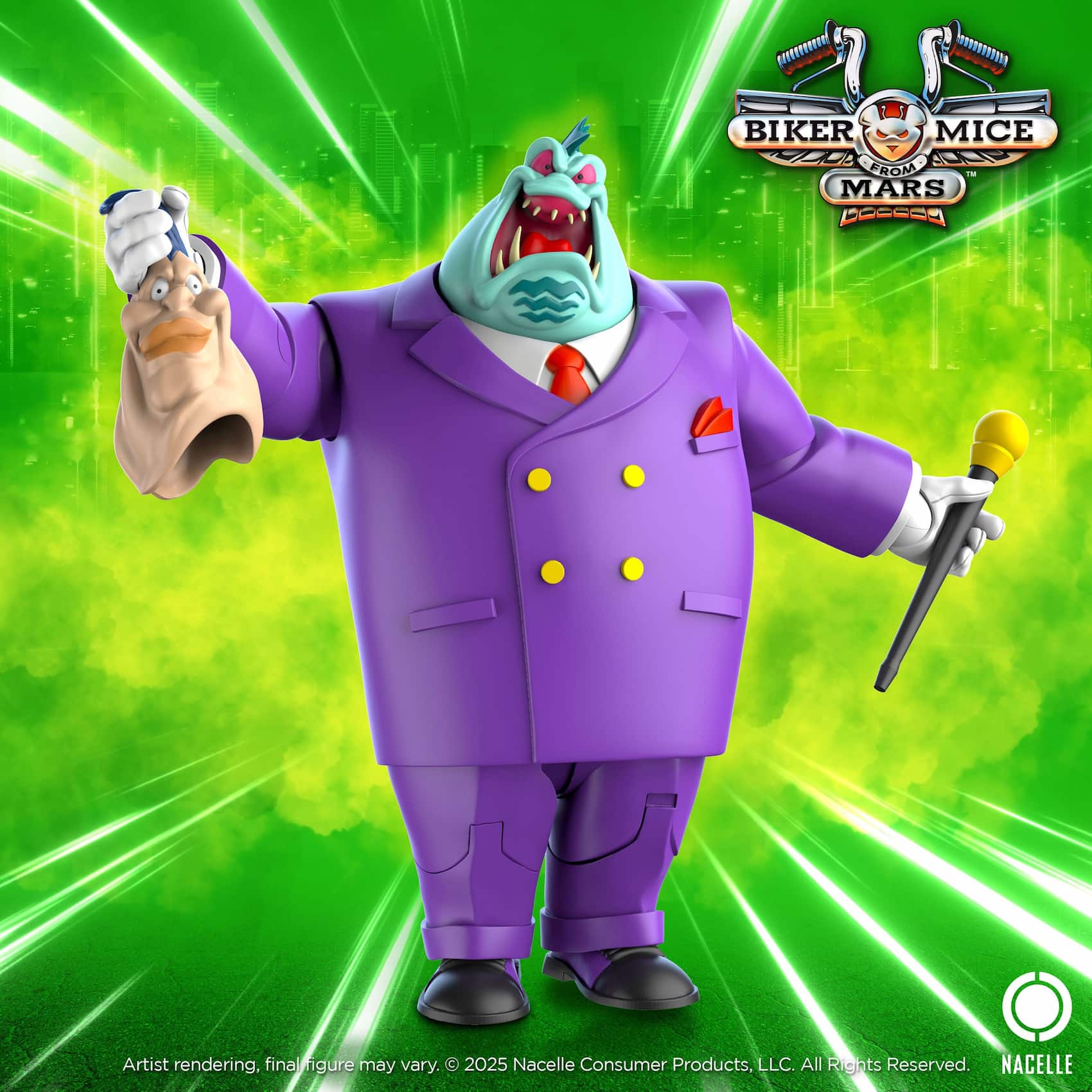 Lawrence Limburger action figure in a purple suit with a monstrous fish-like teal head, holding a cane and removable human mask on a green background