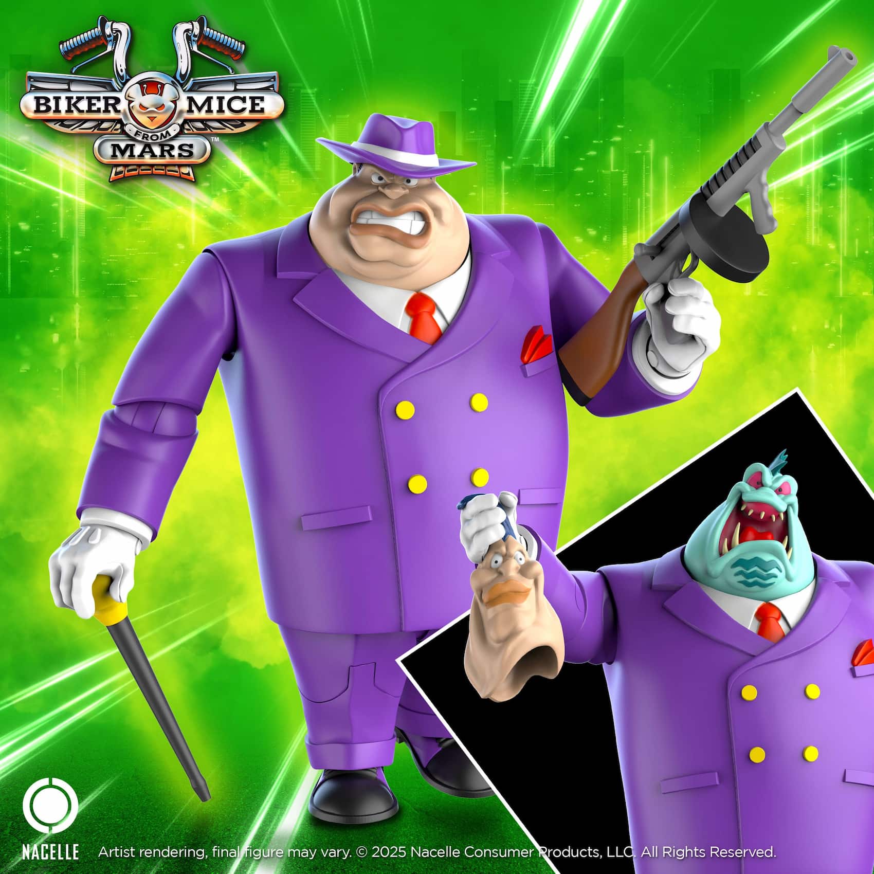 Lawrence Limburger action figure in a purple suit and hat holding a tommy gun and cane with alternate monstrous head shown on a green background