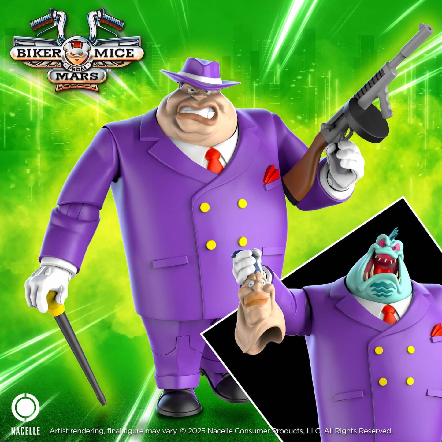 Lawrence Limburger action figure in a purple suit and hat holding a tommy gun and cane with alternate monstrous head shown on a green background