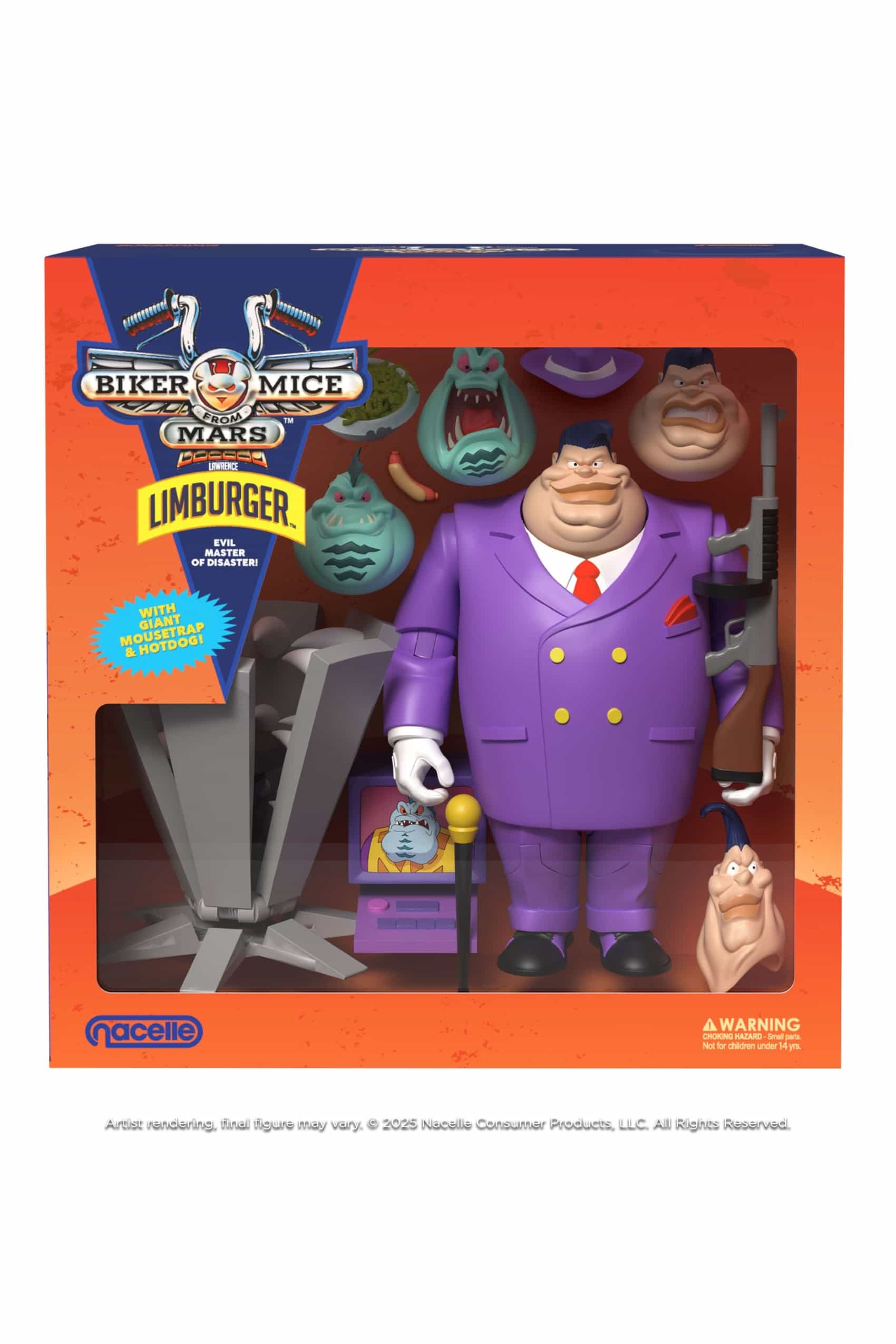 Boxed Lawrence Limburger action figure with interchangeable heads, accessories and mousetrap inside branded packaging
