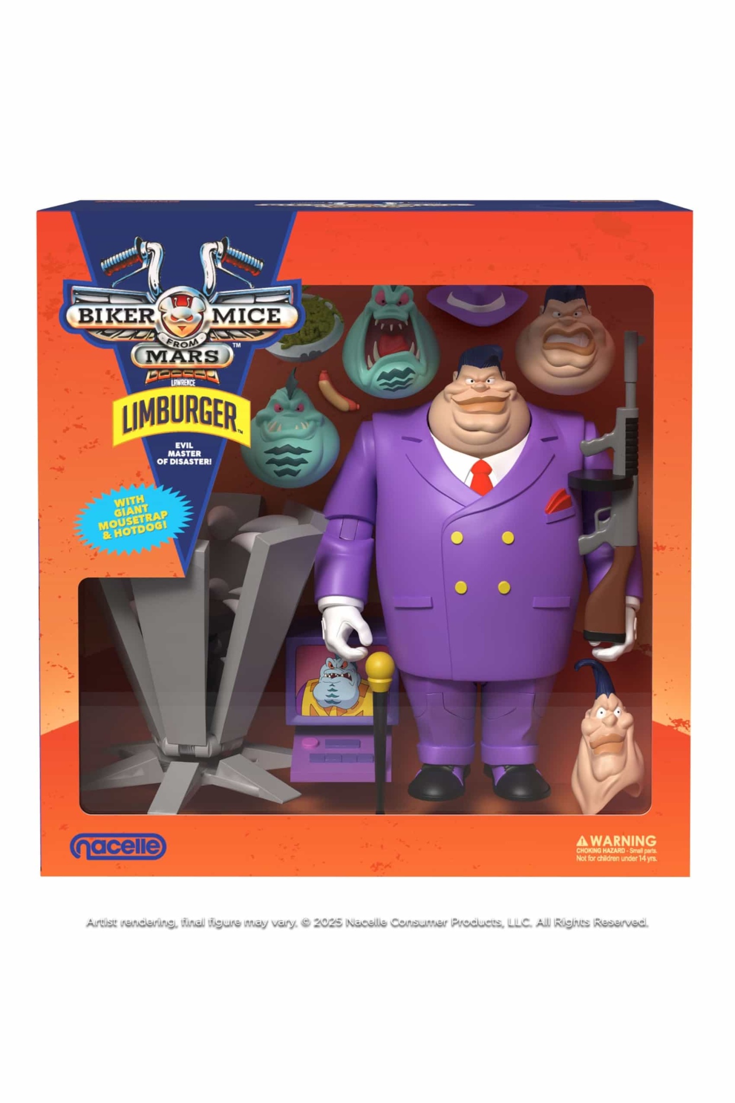 Boxed Lawrence Limburger action figure with interchangeable heads, accessories and mousetrap inside branded packaging