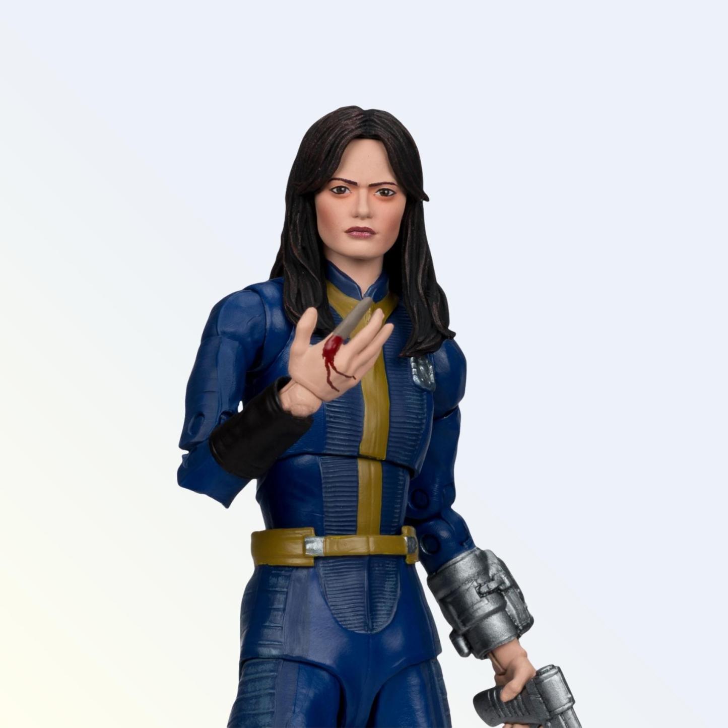 Front shot of Lucy MacLean action figure showing stitched reattached finger on right hand with fresh blood detail