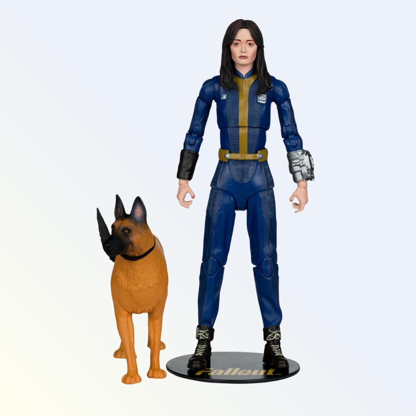 Front shot of Lucy MacLean action figure standing with Dogmeat on Fallout display base