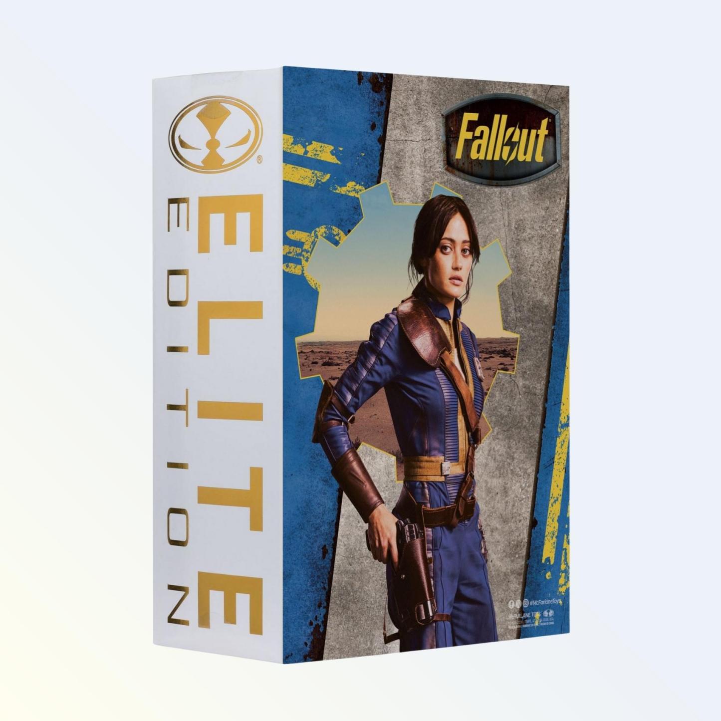 Angled shot of McFarlane Lucy MacLean action figure in Elite Edition box with Vault suit artwork