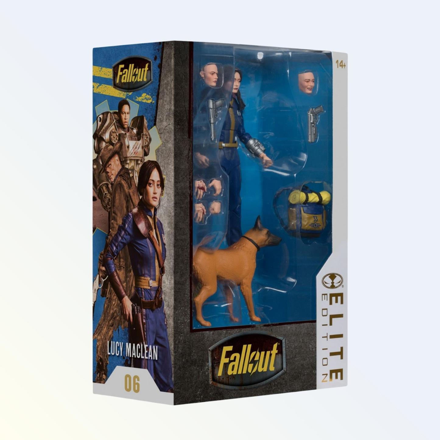 Angled packaging view showing Lucy MacLean McFarlane Elite Edition action figure and character art with Fallout branding