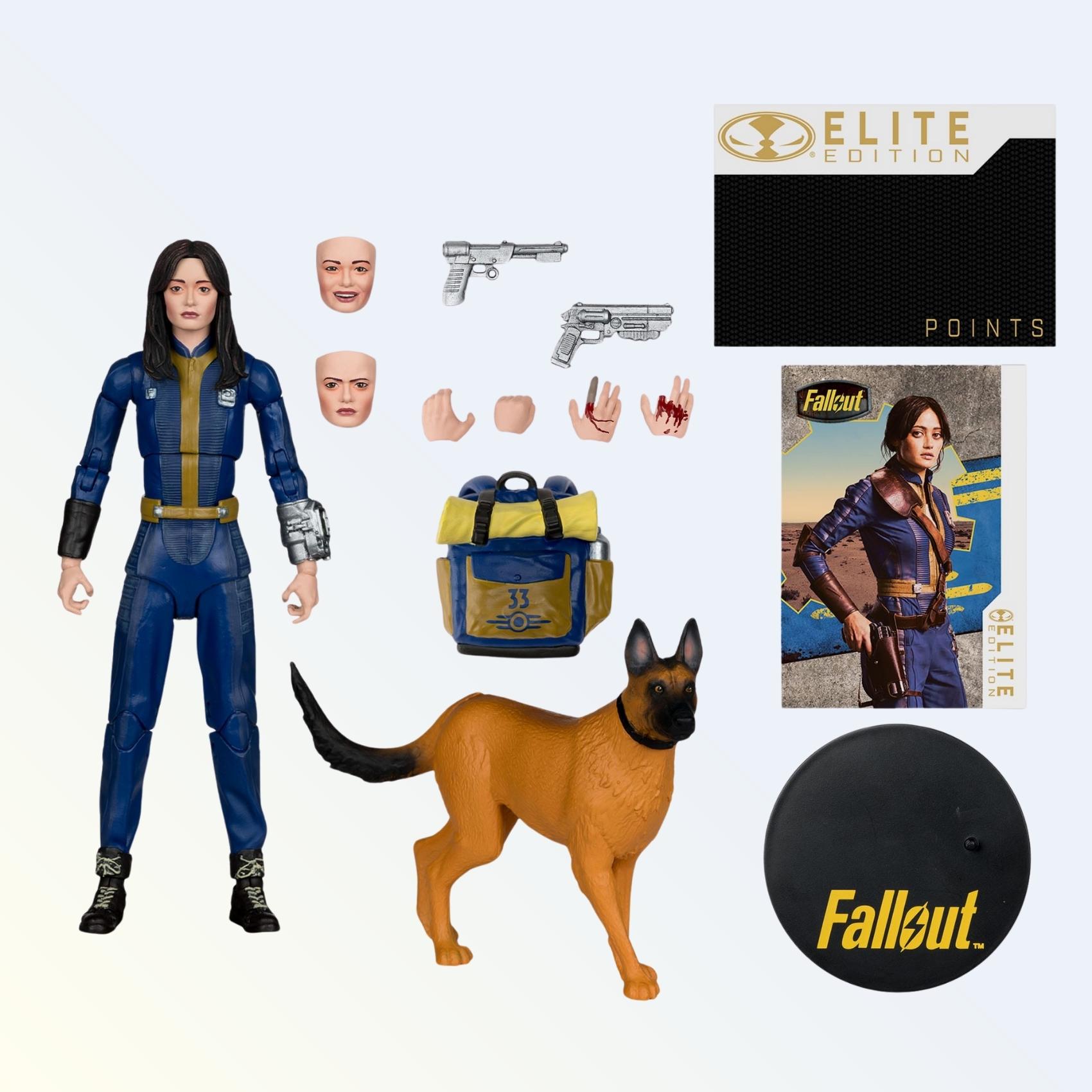 Accessories layout for Lucy MacLean, McFarlane action figure, with Dogmeat, three alternate heads, weapons, hands, backpack and display stand