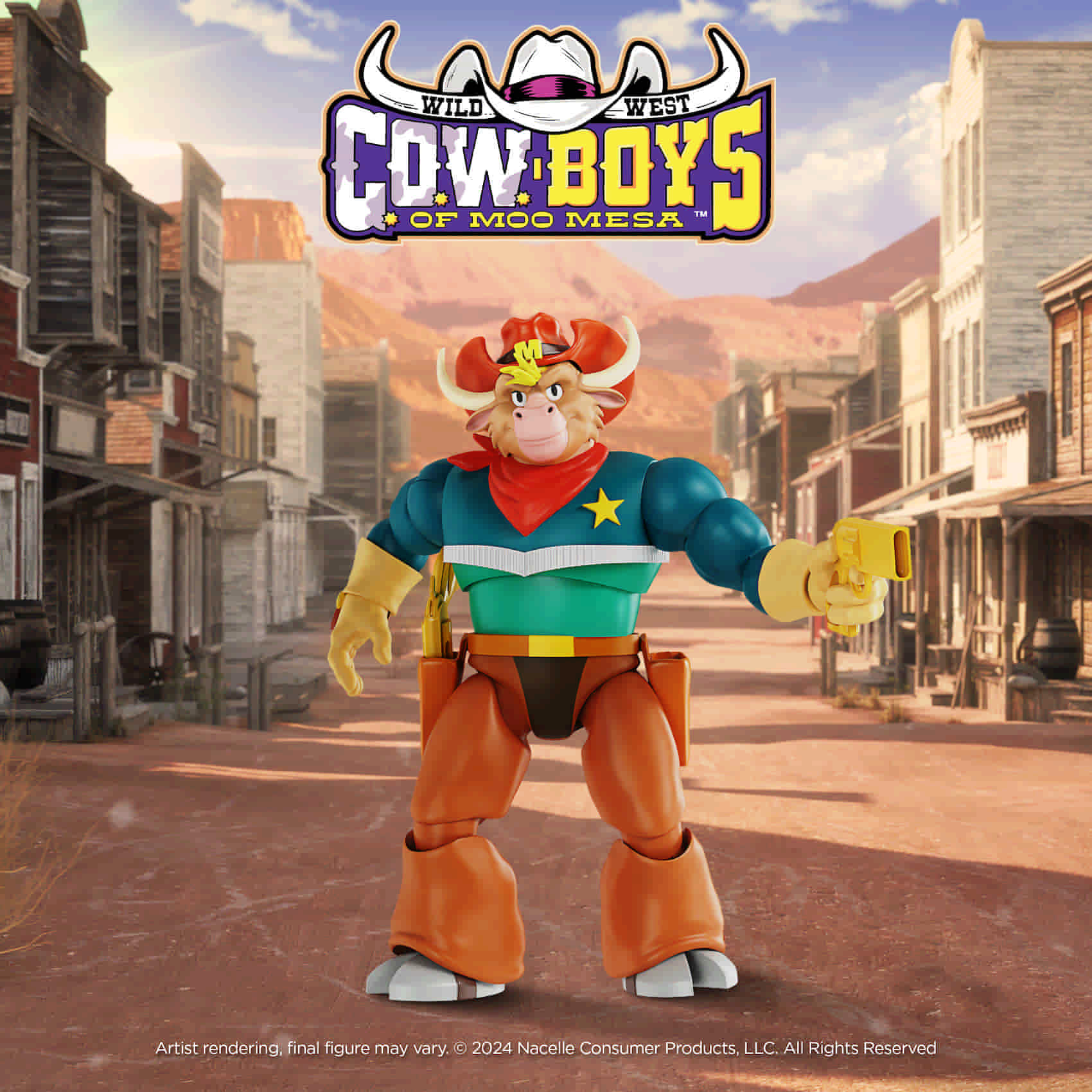 Nacelle C.O.W.-Boys of Moo Mesa Wave 1 Marshal Moo Montana 7-inch action figure set against a wild west background