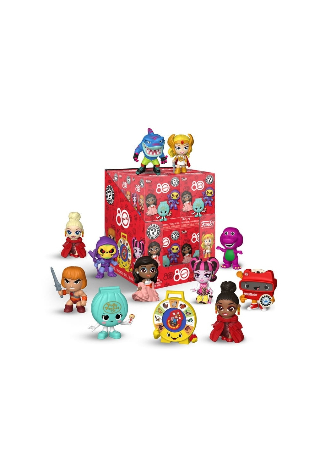 Front view shot of Funko Mystery Minis Mattel 80th Anniversary vinyl figures displayed around sealed mystery boxes