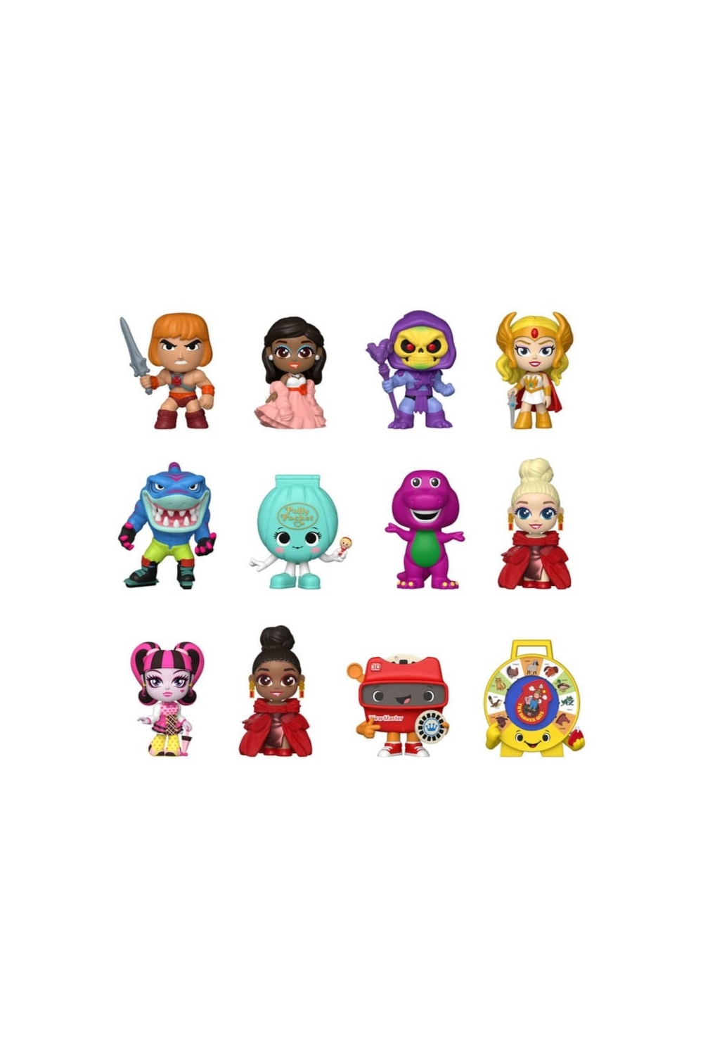 Assorted Funko Mystery Minis Mattel 80th Anniversary vinyl figures laid out on white background