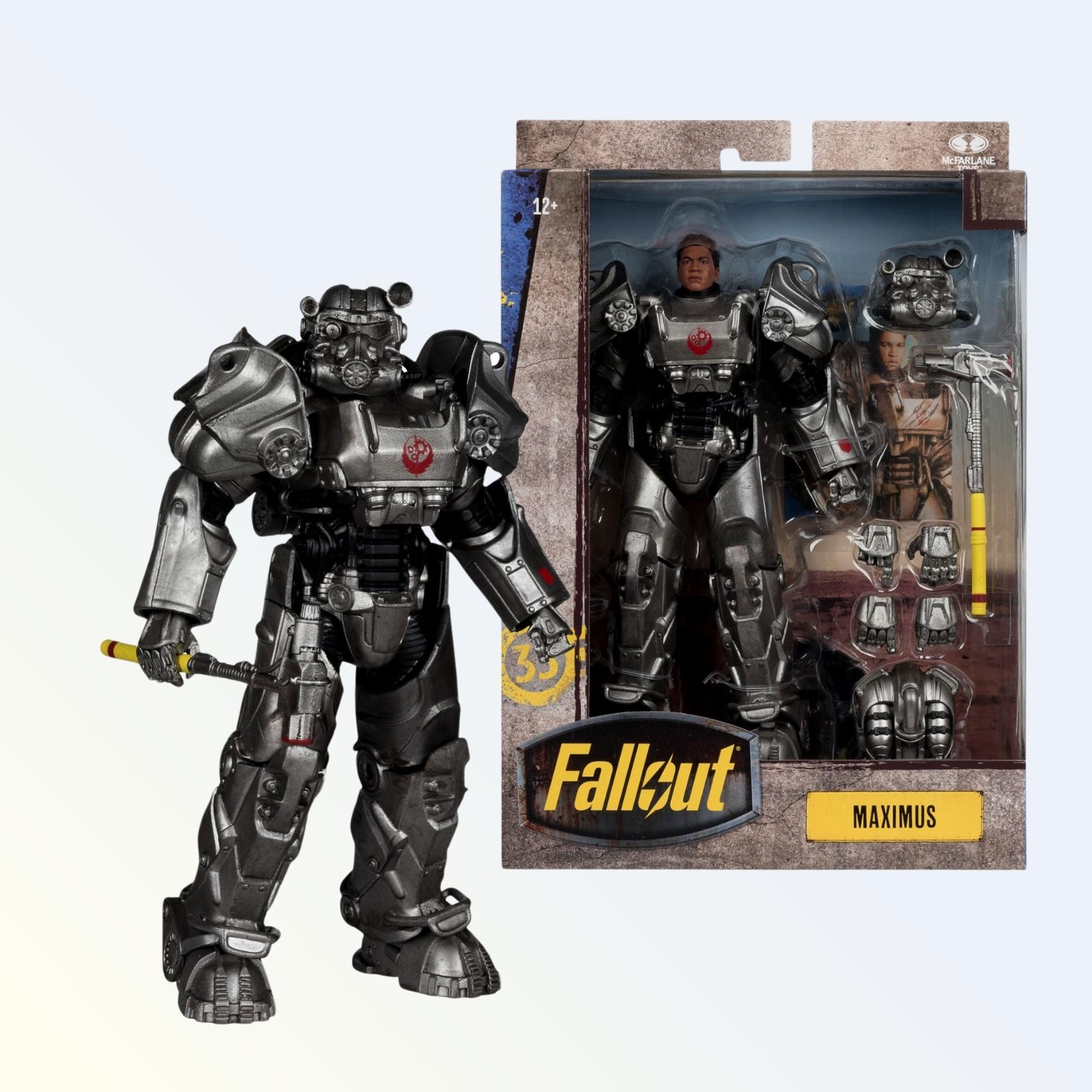 Front angle shot of Maximus action figure in Brotherhood power armour holding a yellow-striped hammer