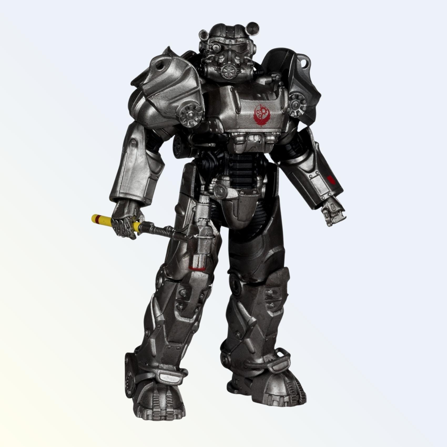 Front view of Maximus action figure in metallic power armour with yellow-striped hammer