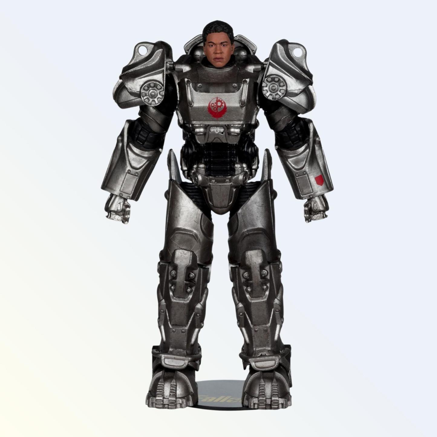 Front view of Fallout TV Series Maximus action figure without helmet showing head sculpt and heavy armour plating