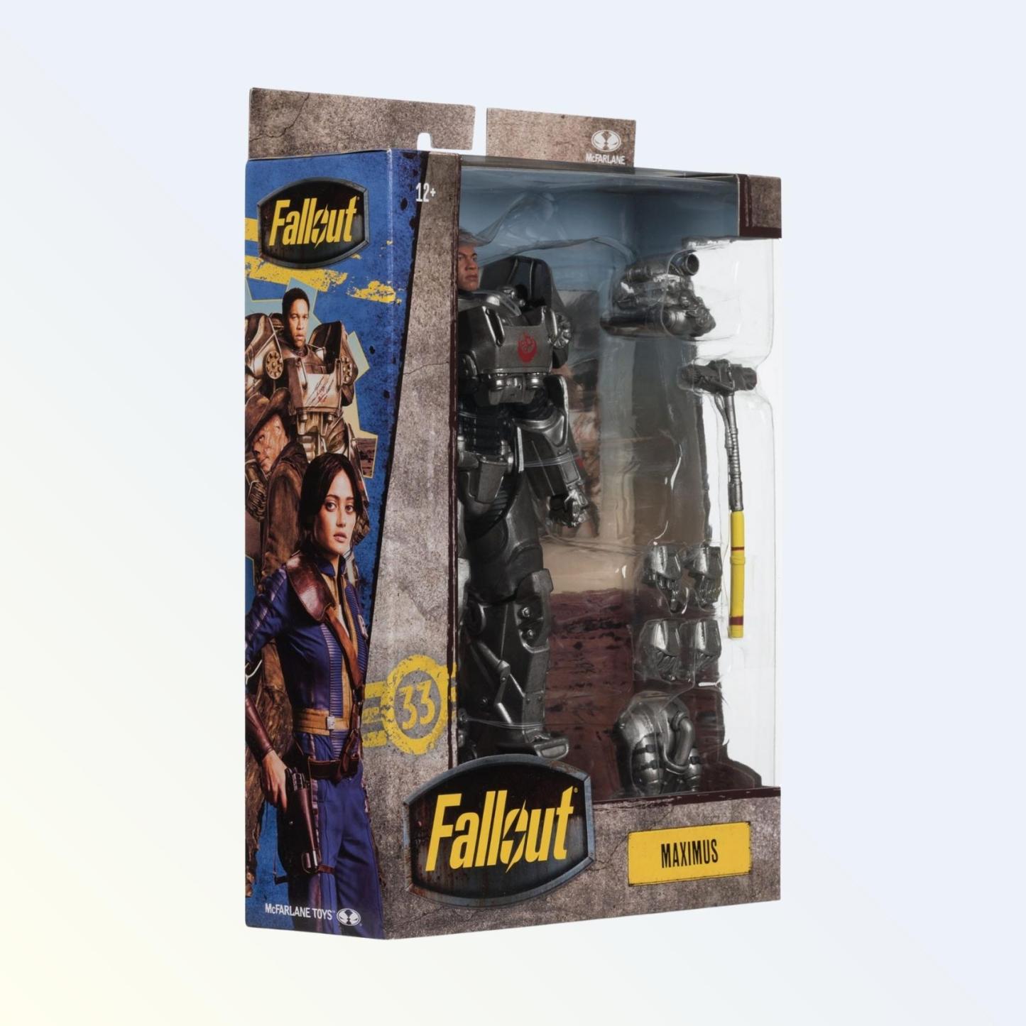 Angled packaging shot of Maximus action figure in Fallout TV Series 2 McFarlane box with accessories visible