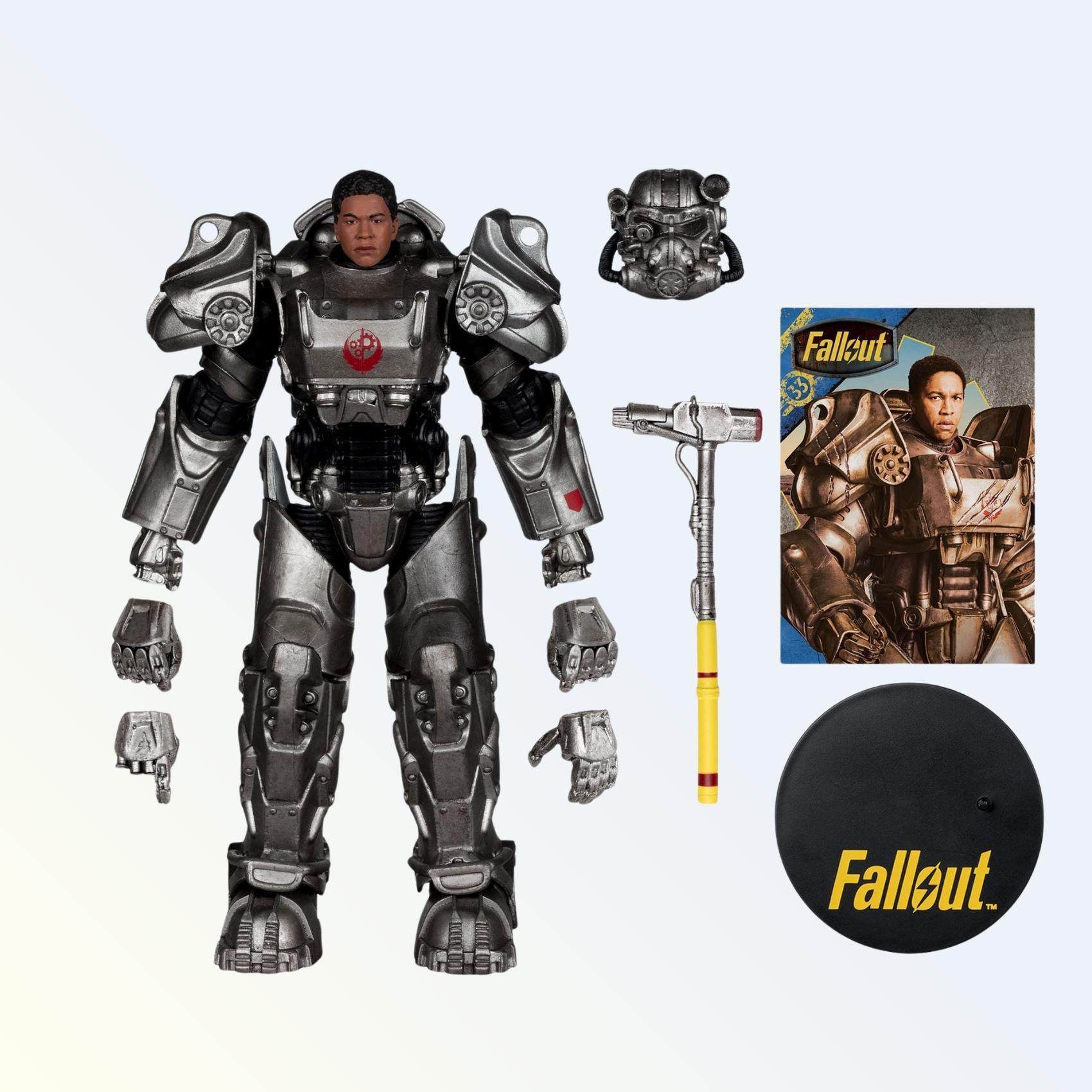 Accessory layout of Maximus action figure with alternate hands, helmet, hammer, display stand and artwork card