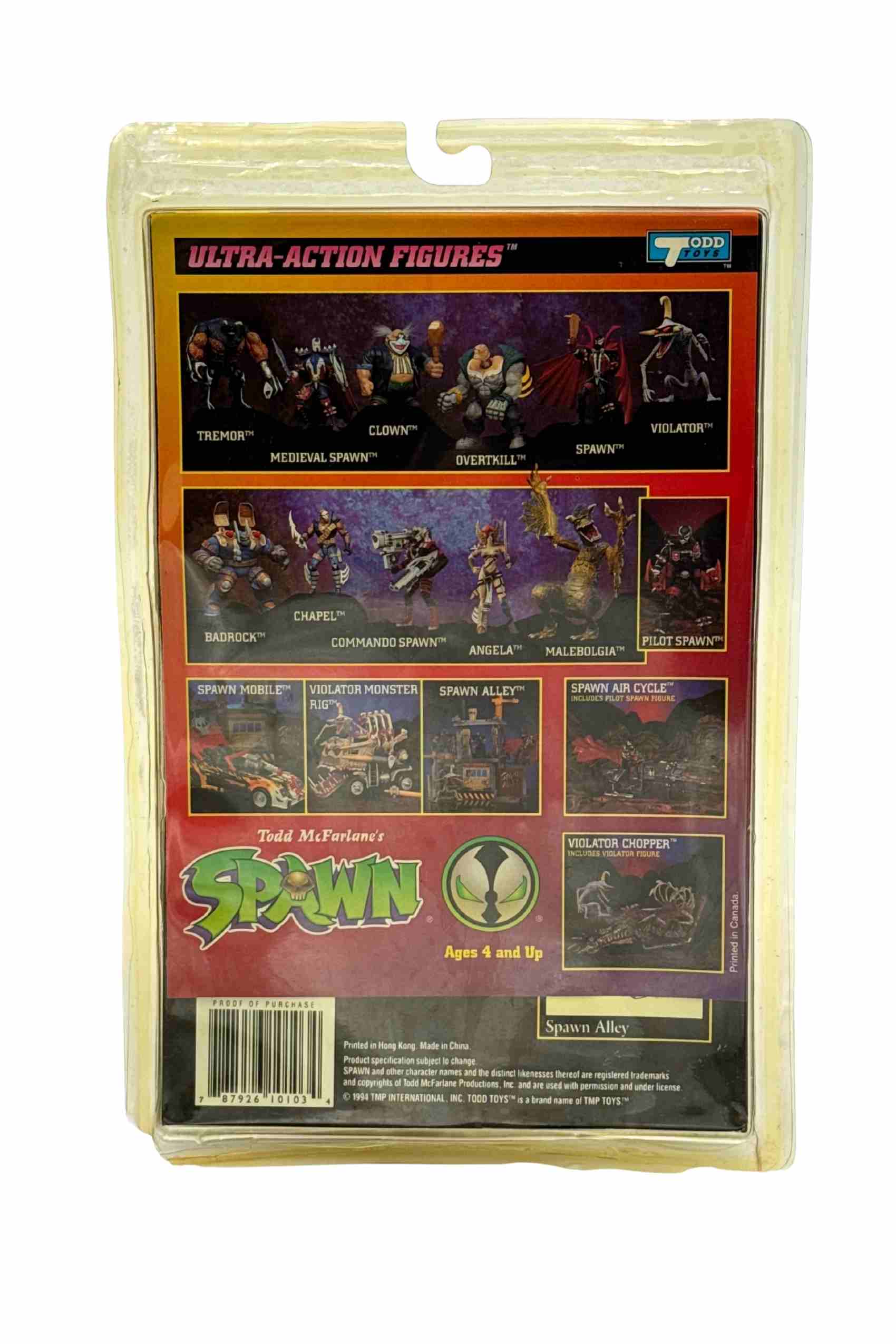 Rear packaging shot of Medieval Spawn action figure showing Ultra-Action Figures lineup including Tremor, Clown, Violator, Angela and Commando Spawn