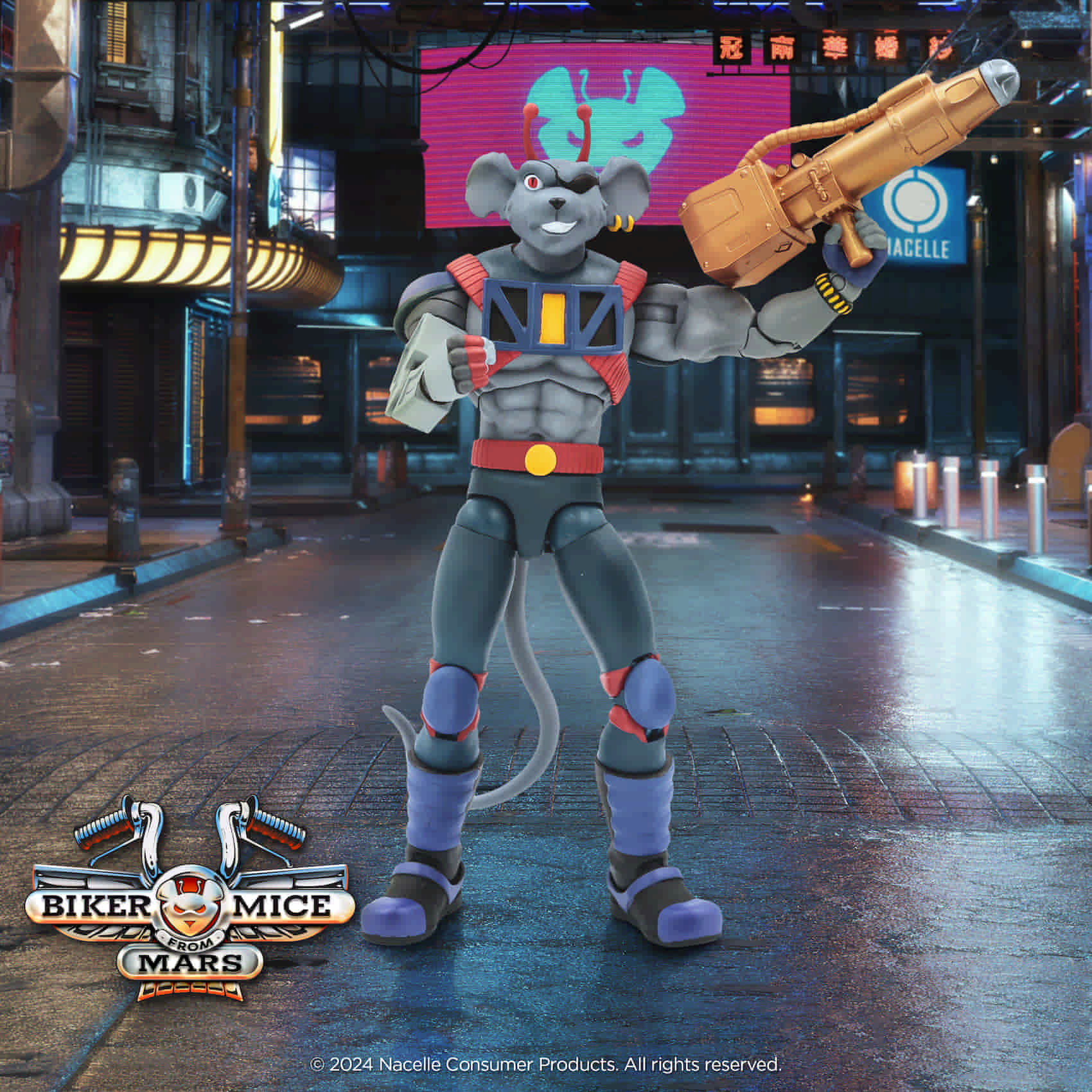 Nacelle Biker Mice From Mars Wave 1 Modo 7-inch action figure set against a nighttime city background