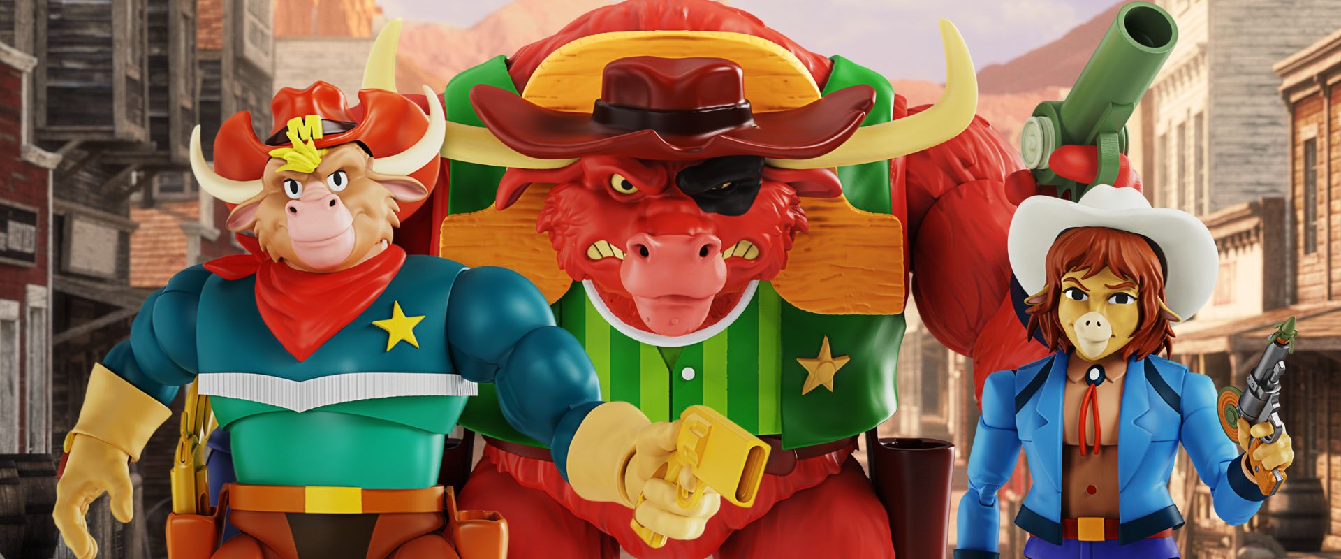 {"default":"Cowboys of Moo Mesa figures in a western town backdrop featuring Marshal Moo Montana, Sheriff Terrorbull and Cowlamity Kate with hats and weapons"}
