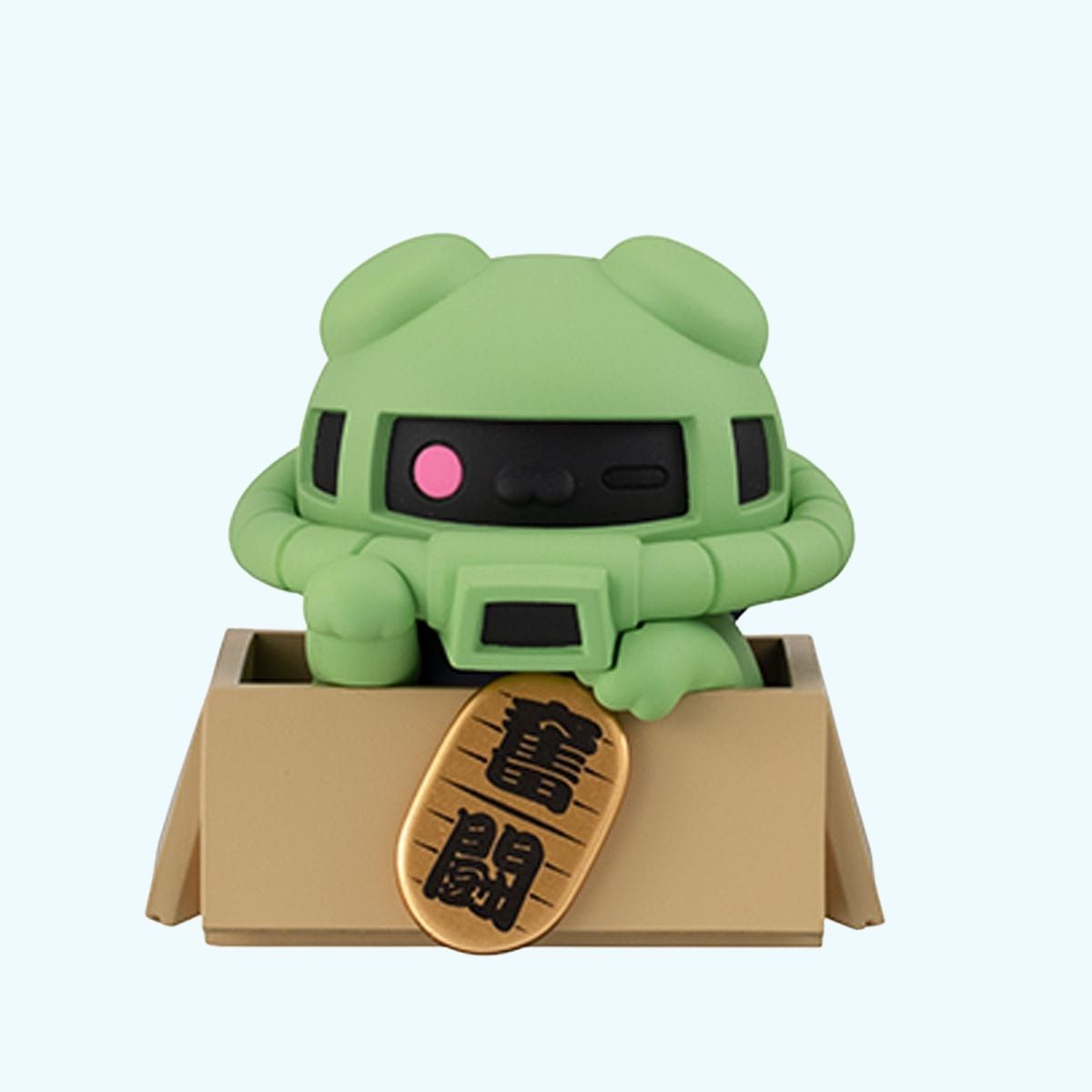 Front view of Nyandam Zaku style cat figure in green mono-eye design