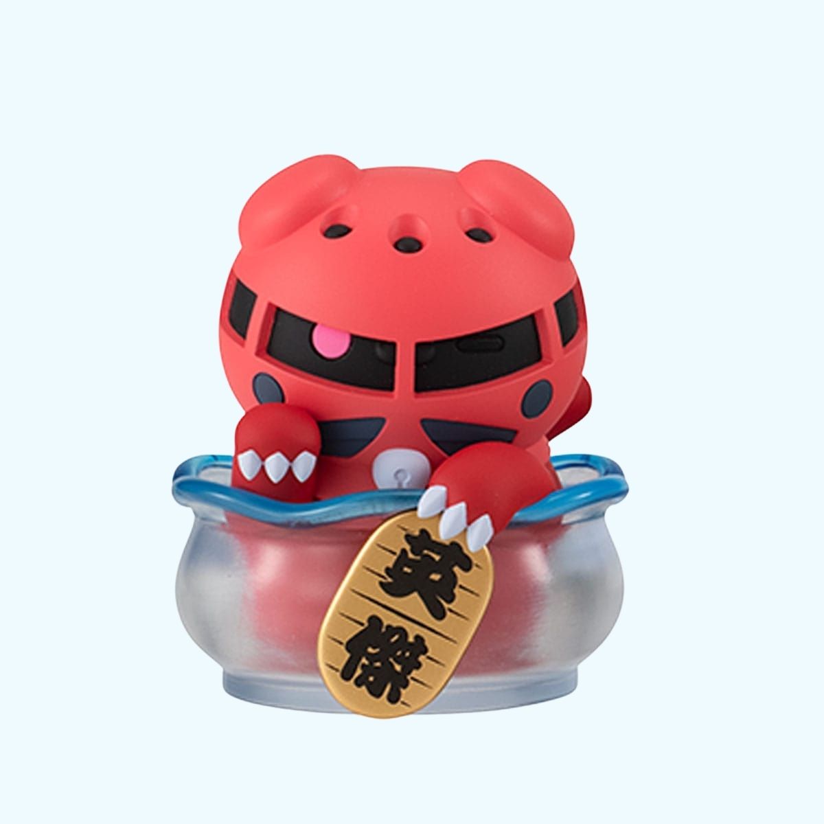 Front view of red Nyandam Zaku style cat figure in fish bowl with clawed hands