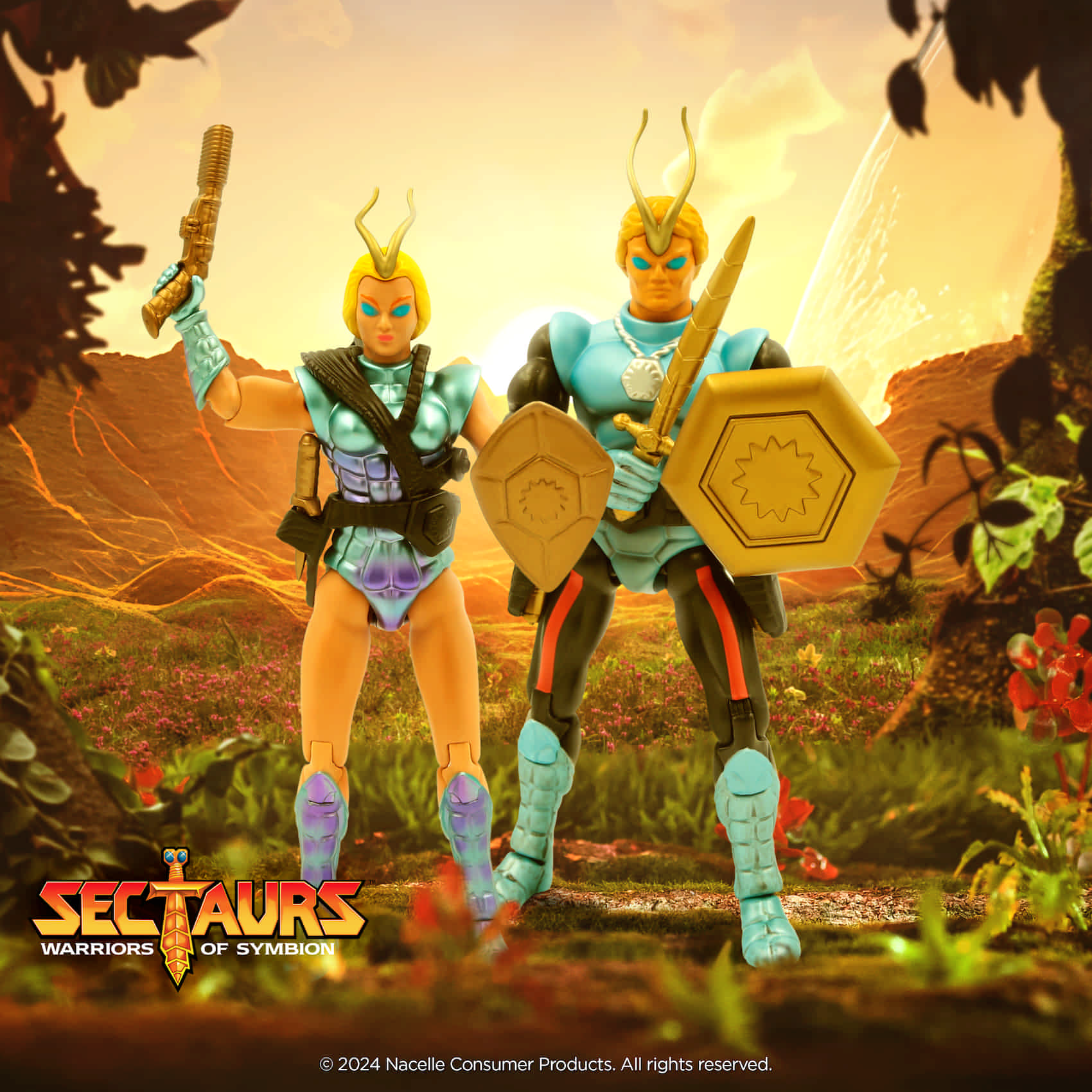 Nacelle Sectaurs Wave 1 Stellara and Dargon action figures set against a scenic backdrop of the planet Symbion