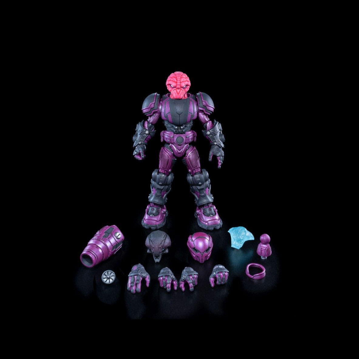 Front-facing shot of Phanost action figure with all accessories arranged, including three alternate heads, Phase Arm, hologram piece, and extra hands