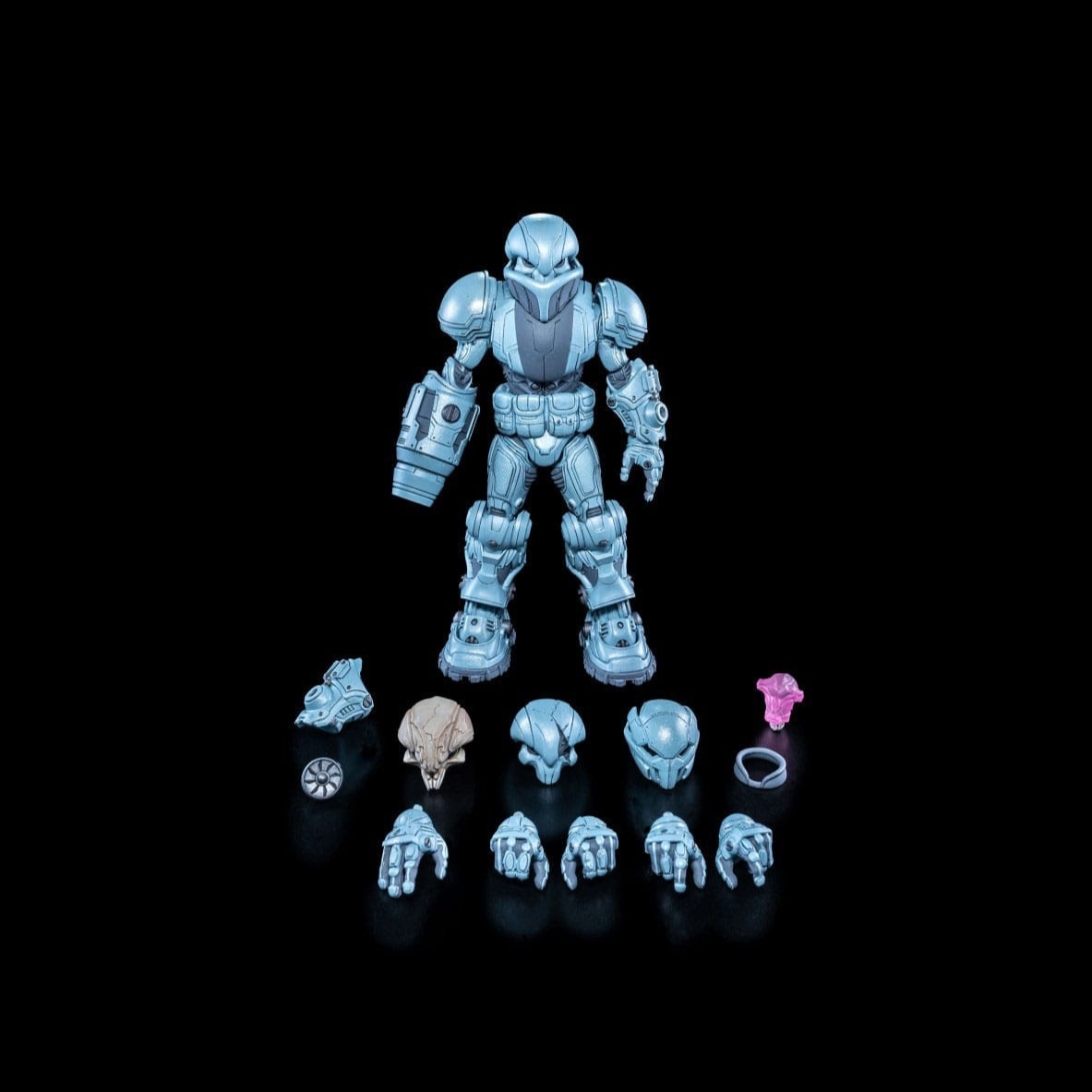 Front-facing shot of Pheyden action figure with all accessories including three alternate heads, extra hands, cannon arm, and pink hologram piece