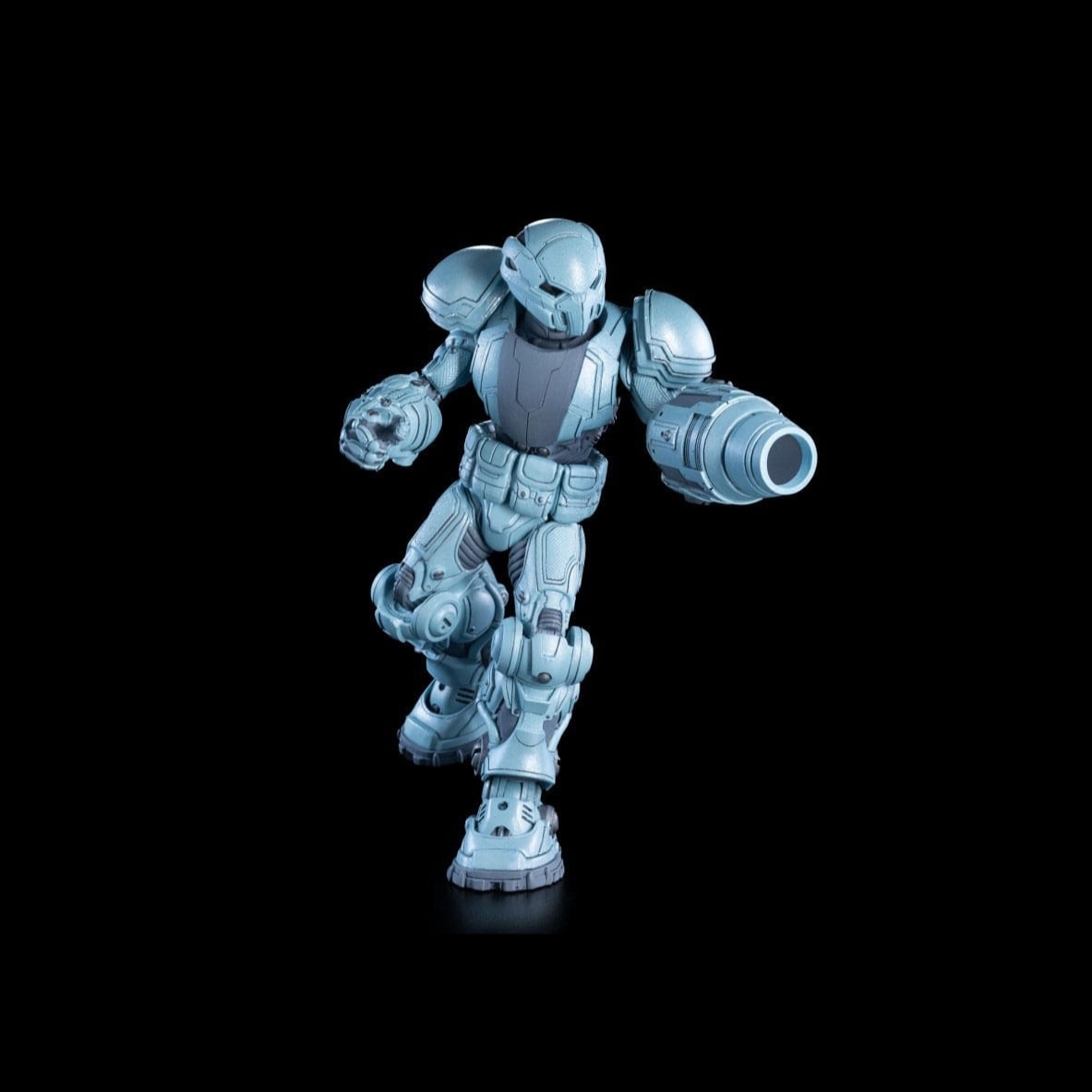 Dynamic pose of Pheyden figure mid-run with cannon arm extended and helmeted head equipped
