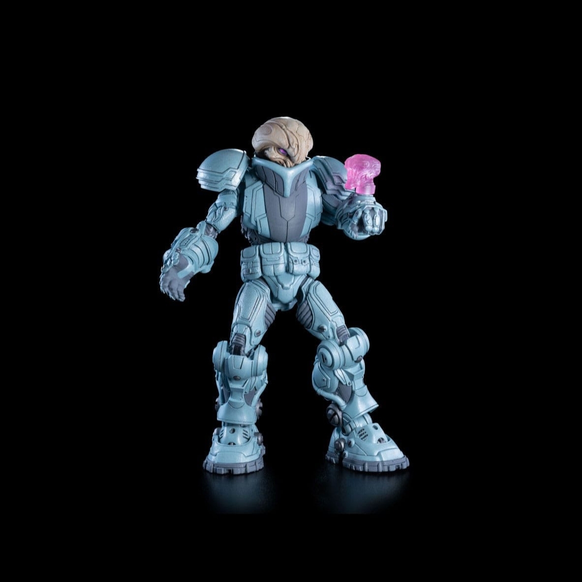 Front view of Pheyden action figure with unmasked head and translucent pink hologram accessory in raised hand