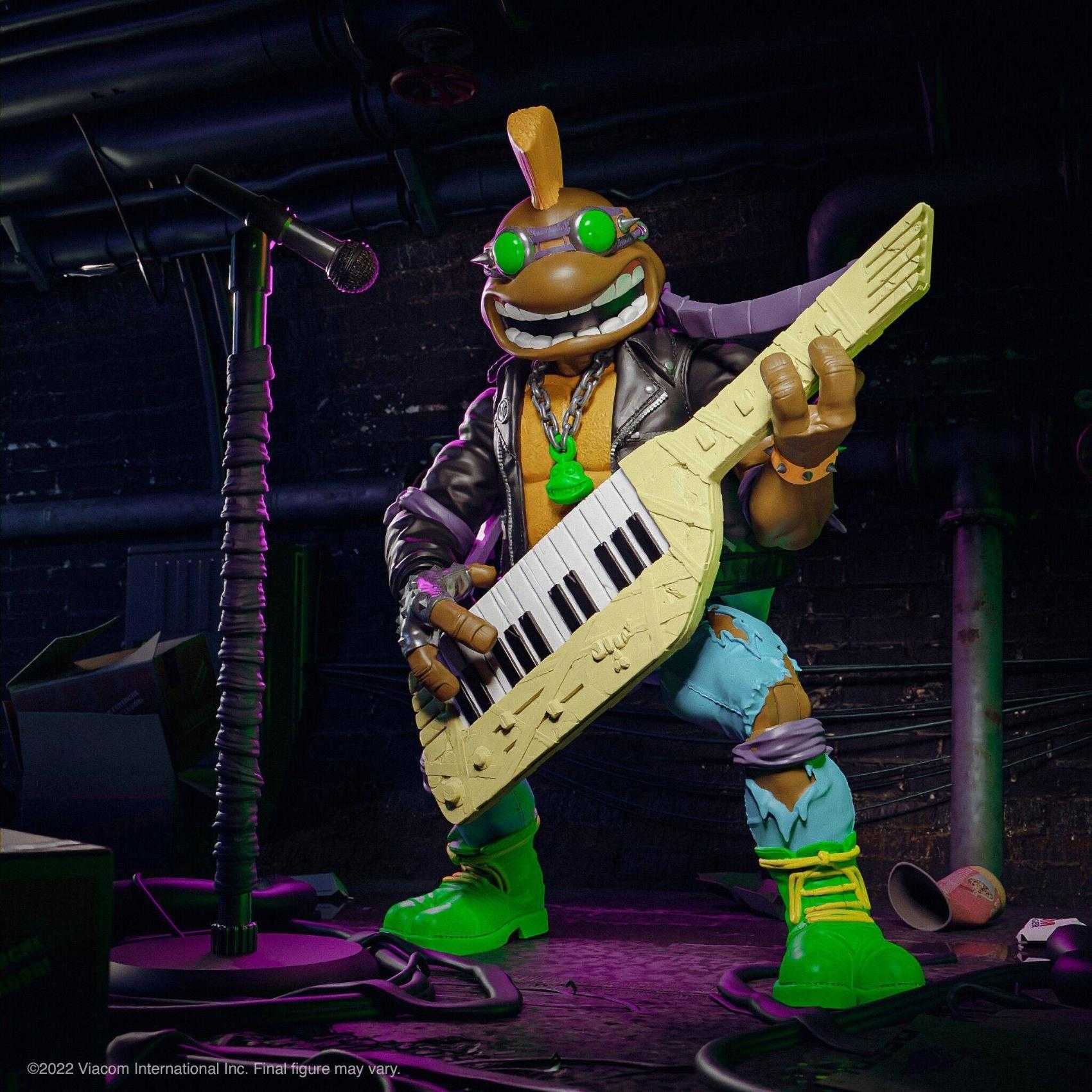 Dynamic shot of Punker Don action figure playing keytar under sewer stage lights