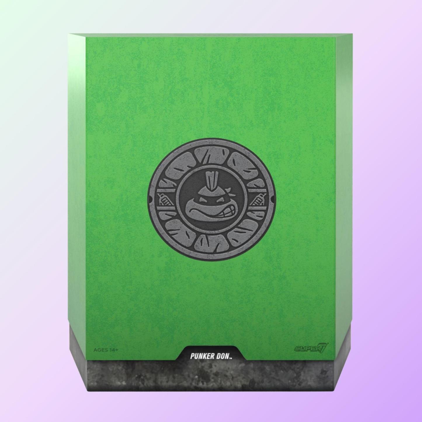 Slipcase packaging of Punker Don action figure with embossed mohawked Donatello emblem