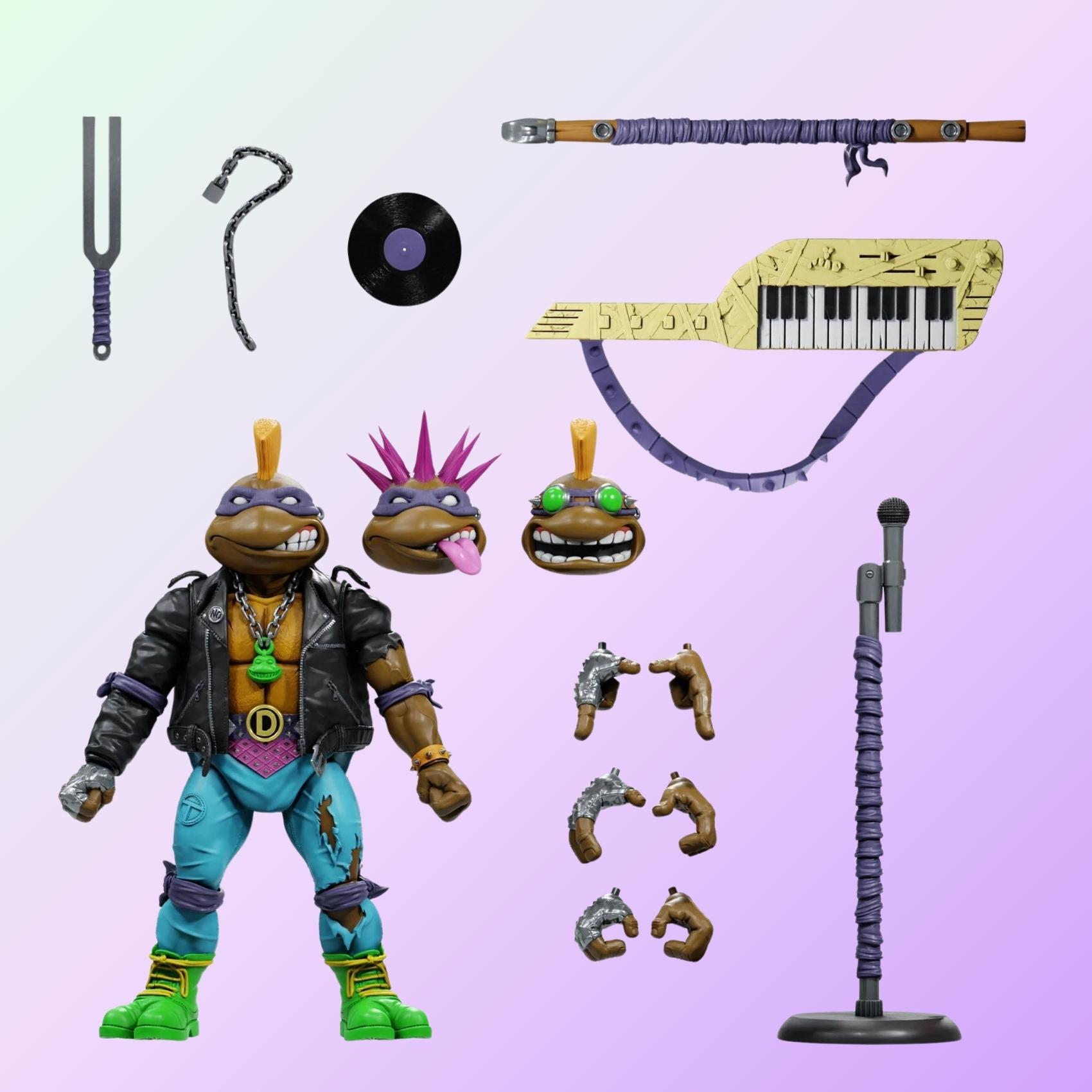 Shot of Punker Don figure with interchangeable heads, hands, keytar, mic stand, tuning fork, and bo staff