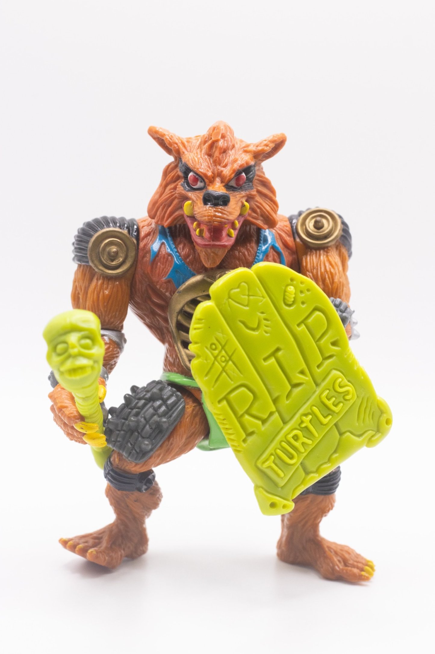 Front-facing shot of TMNT Rahzar action figure holding Gravestone shield and Skull Shatterin' Staff