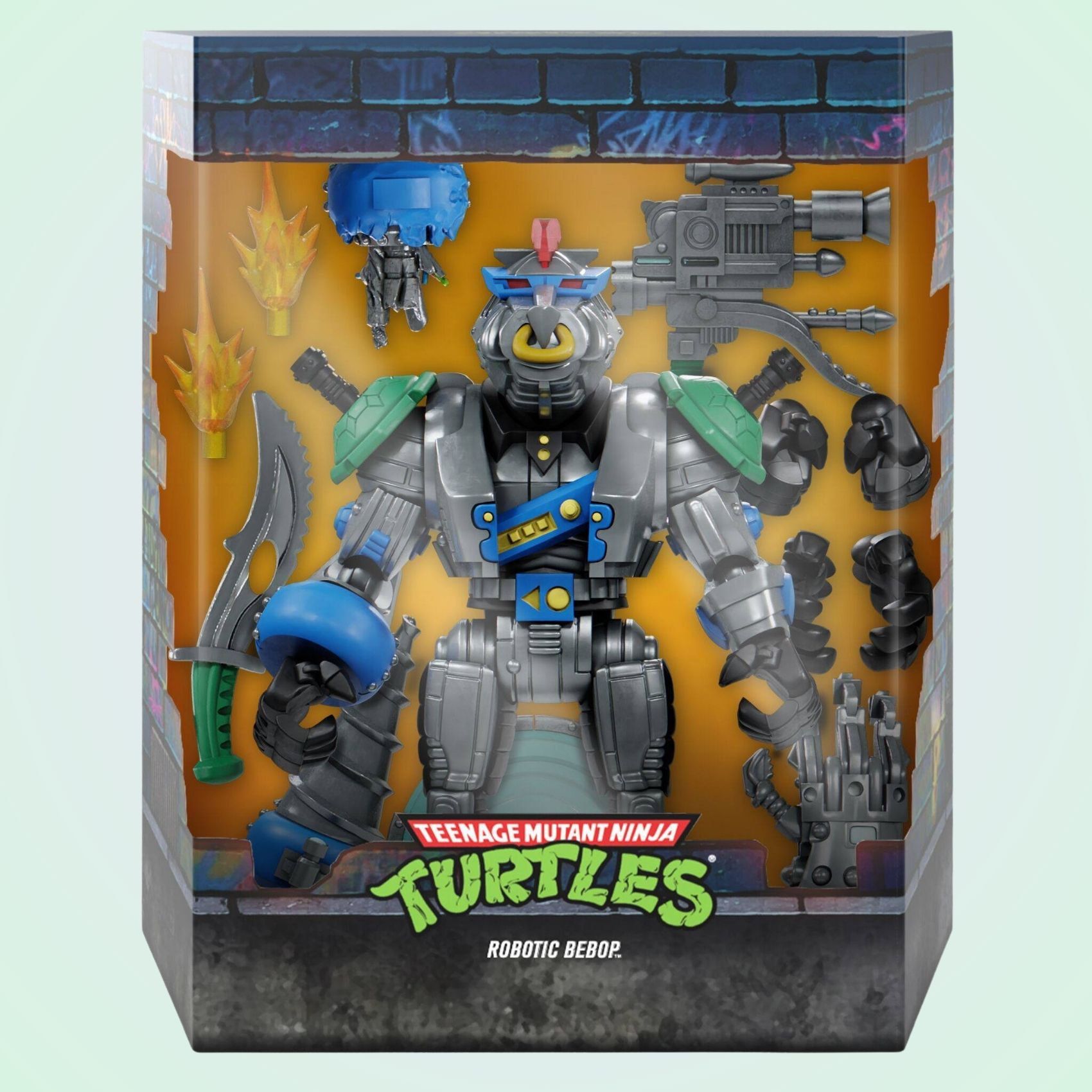 Window box packaging of Super7 TMNT ULTIMATES! Robotic Bebop action figure with accessories including weapons, hands, and blast effects