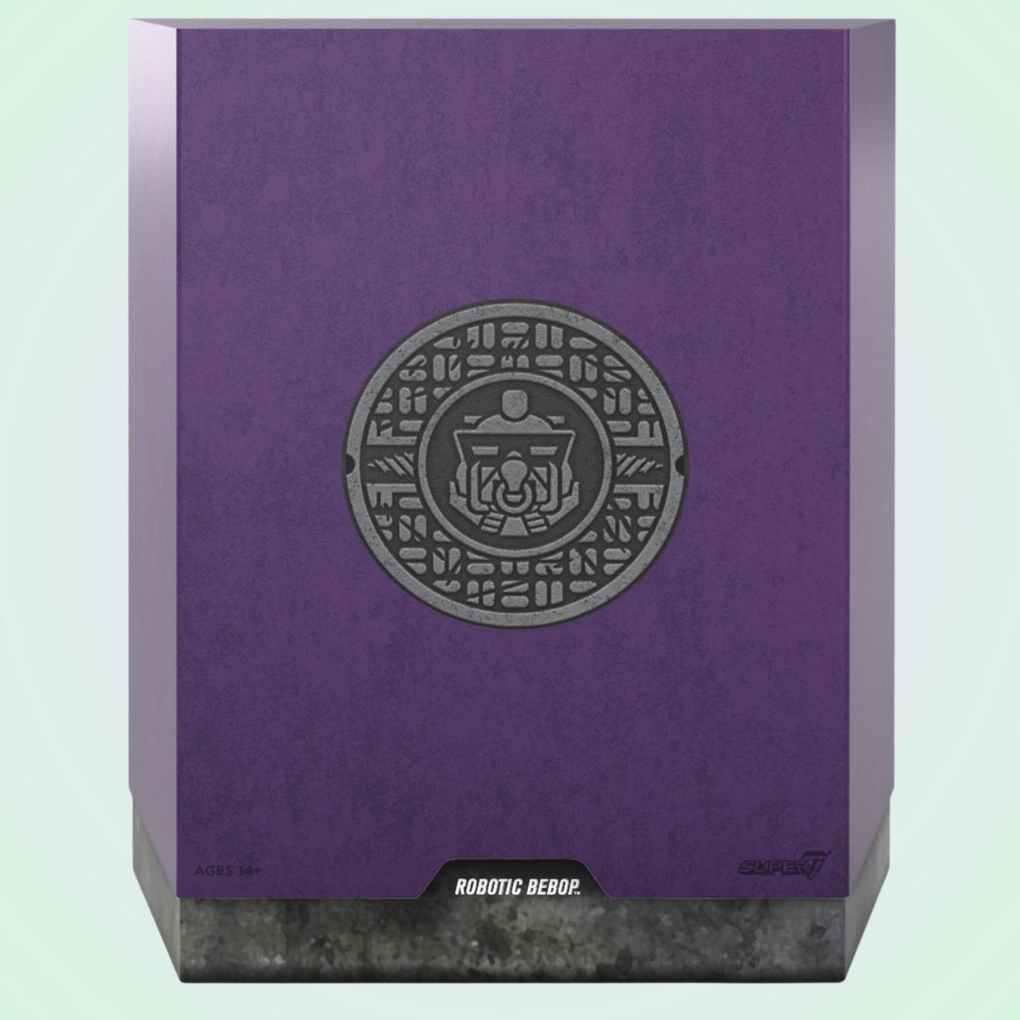 Purple slipcase packaging for Super7 TMNT ULTIMATES! Robotic Bebop action figure with embossed Bebop emblem