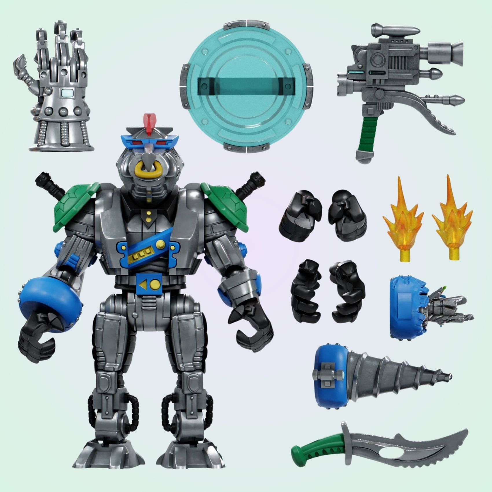 Robotic Bebop action figure with all accessories laid out including Mechanical Mutant Claw, drill arm, sword, shield, blaster, hands, and blast effects