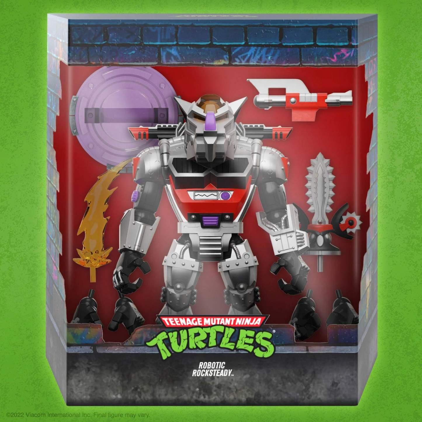 Front window box shot of Robotic Rocksteady action figure with multiple accessories visible including sword, slash effect and shield