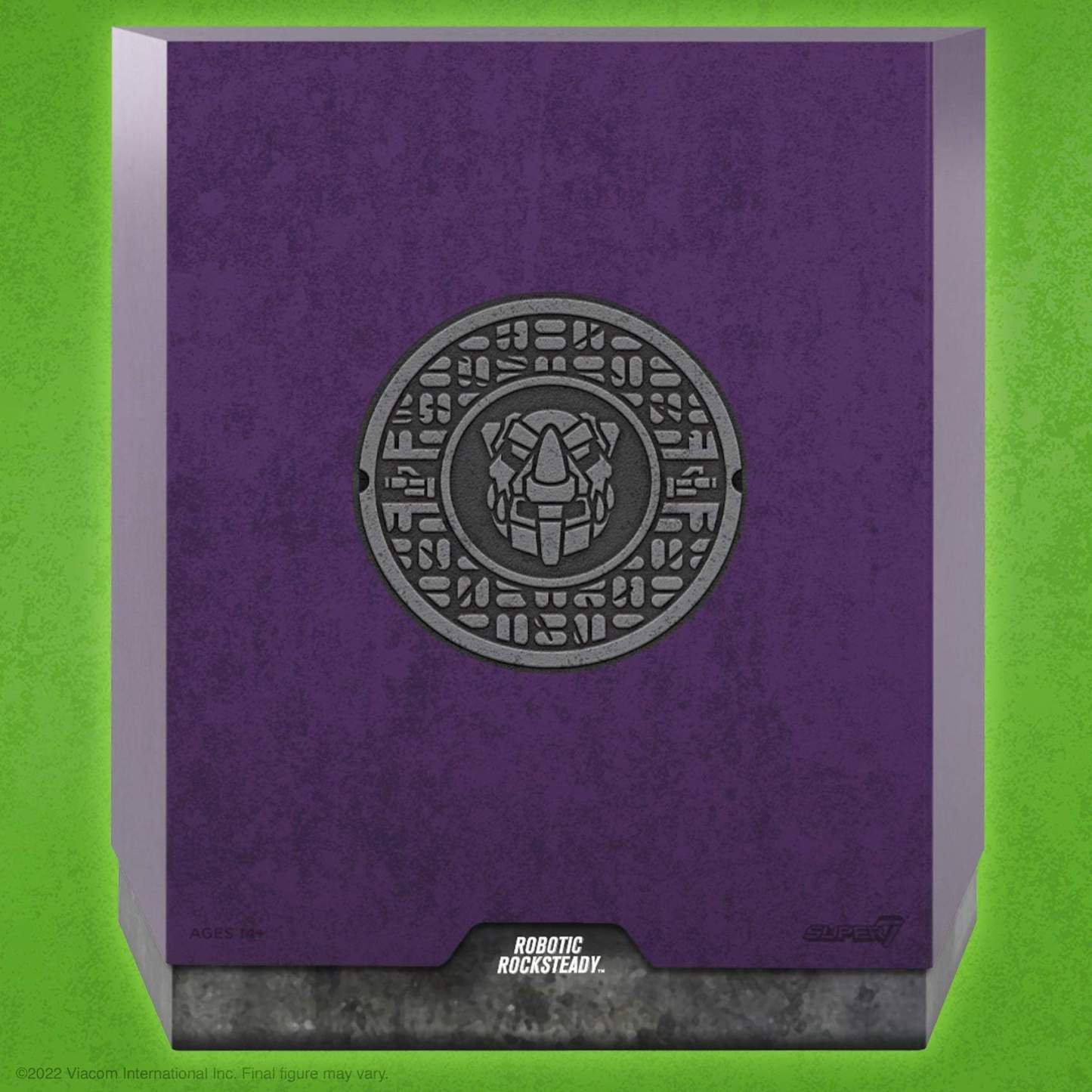 Front shot of Robotic Rocksteady slipcase featuring sculpted emblem and purple packaging