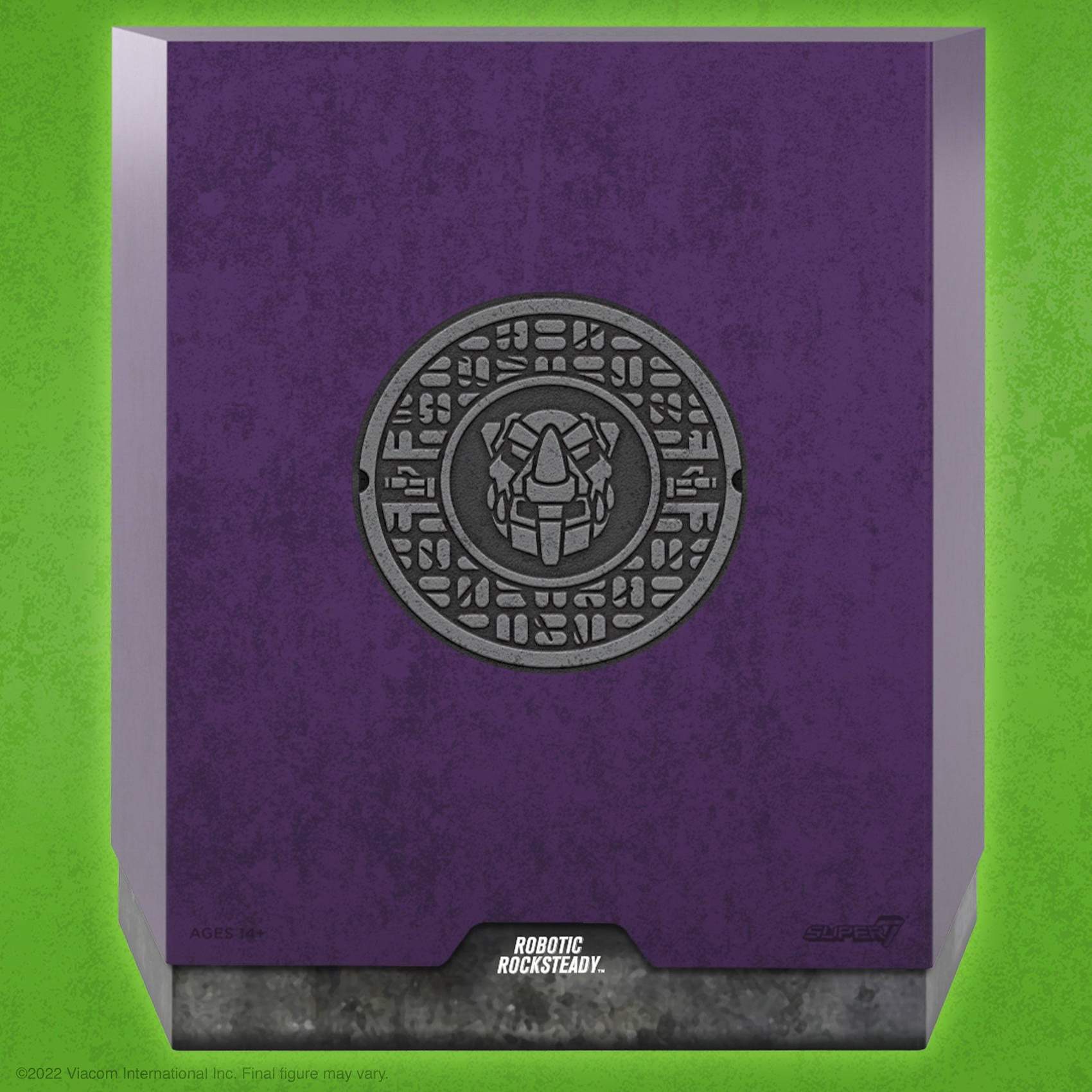 Front shot of Robotic Rocksteady slipcase featuring sculpted emblem and purple packaging