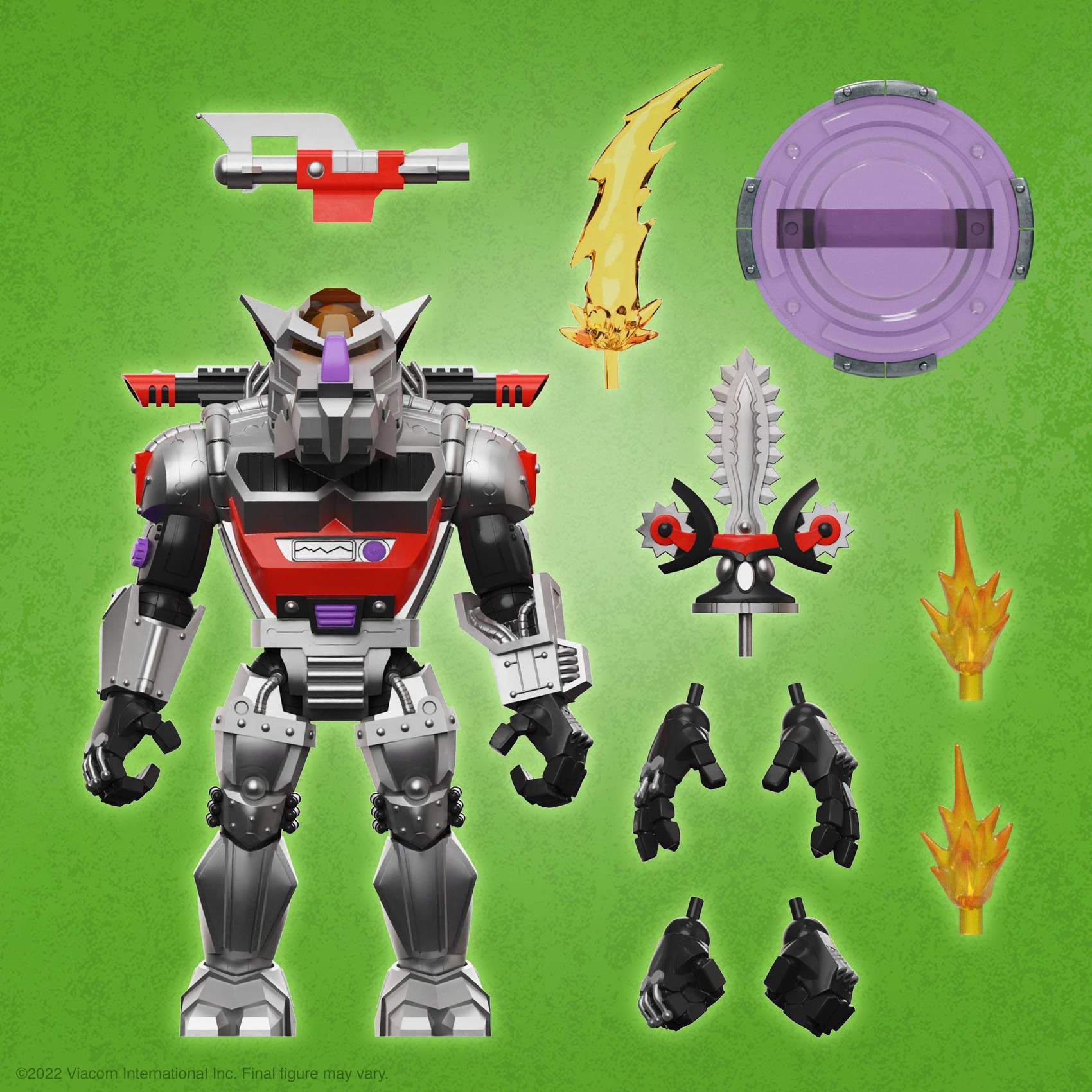 Shot of Robotic Rocksteady figure with all accessories laid out including weapons, energy blasts and swappable hands