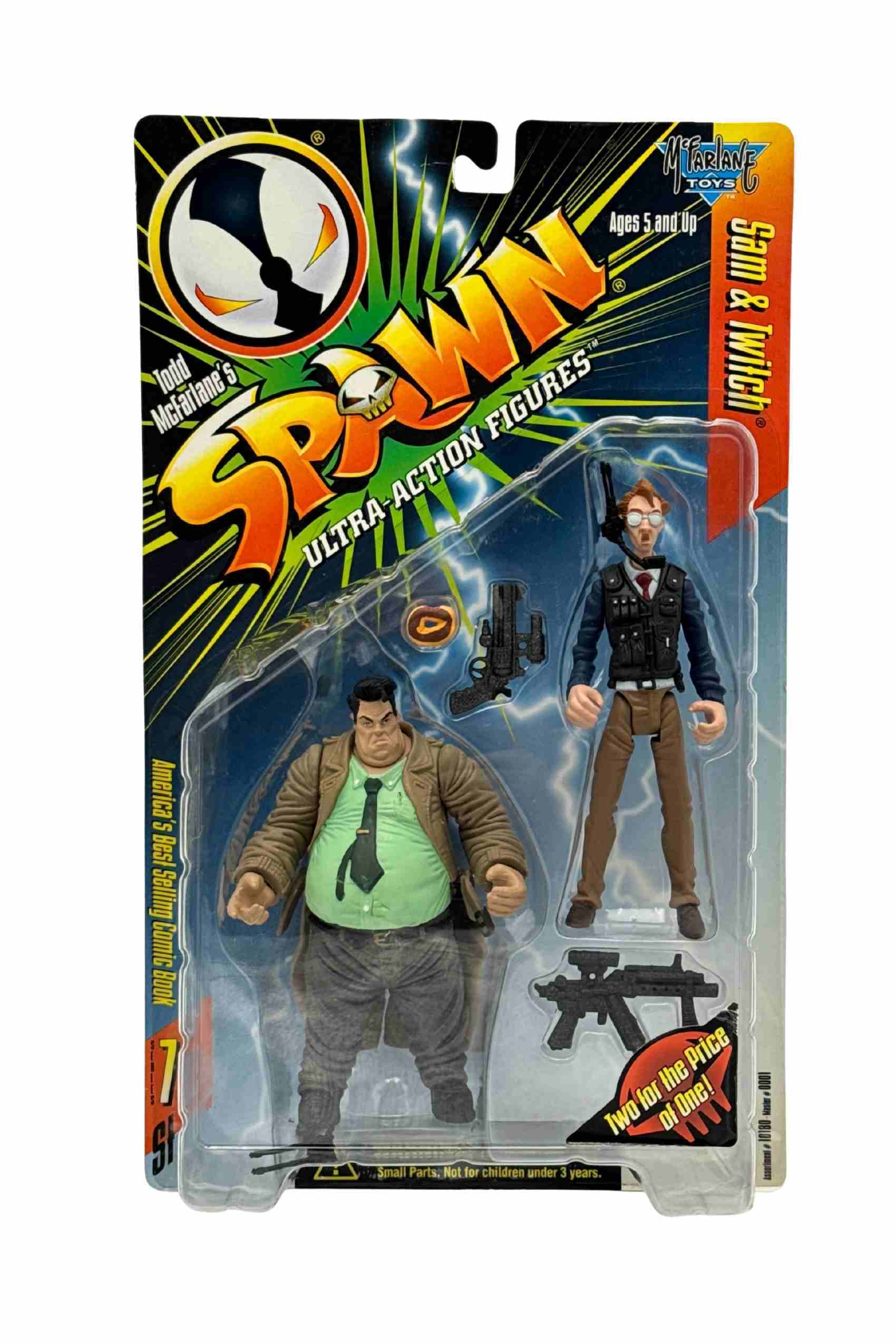 Front view of Sam & Twitch Spawn Series 7 action figures sealed on blister card with Sam in trench coat and Twitch in tactical vest with weapon accessories
