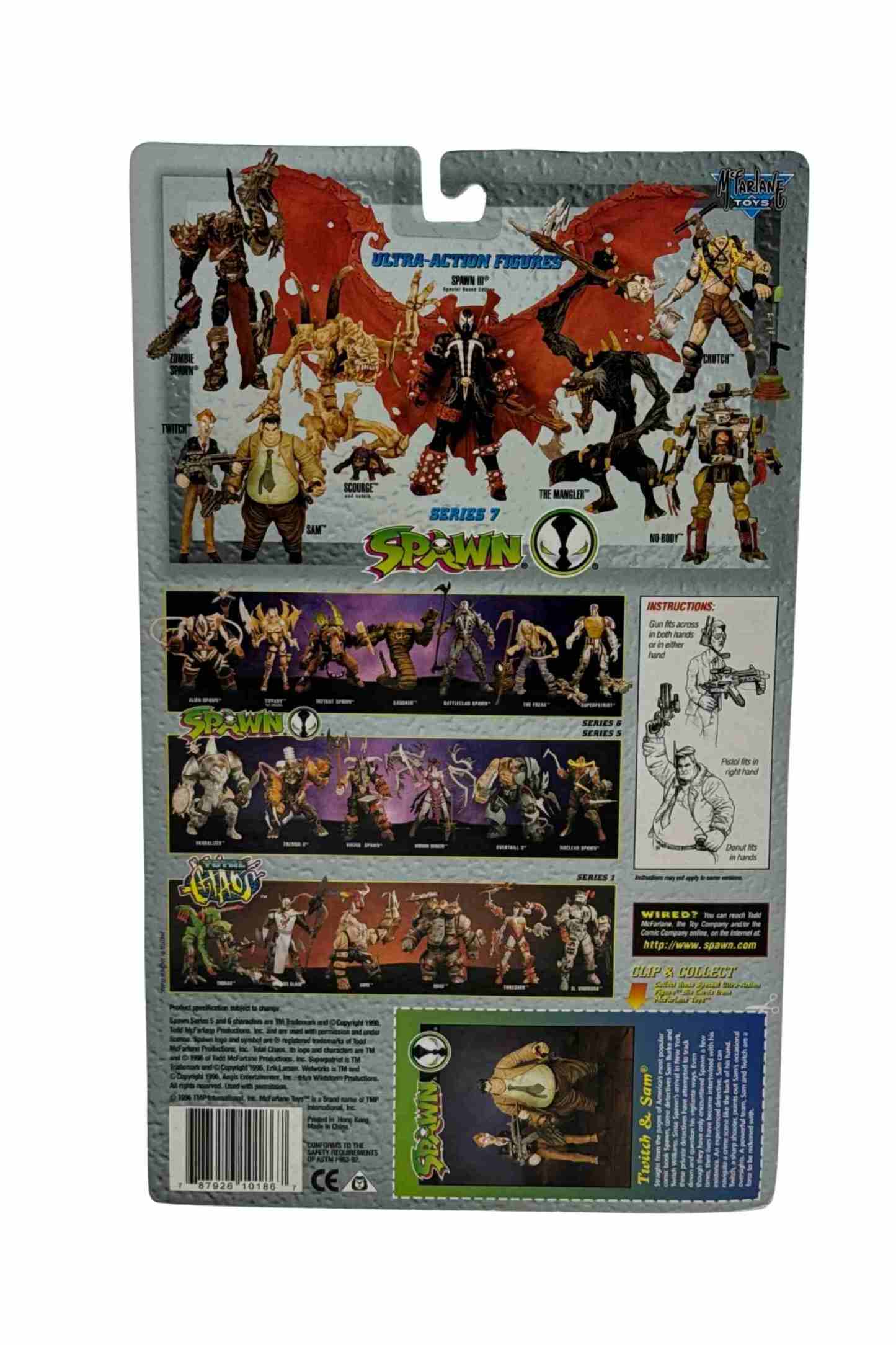Rear view of Spawn Series 7 Sam & Twitch action figure card back displaying full lineup, artwork series checklist and character bio panel