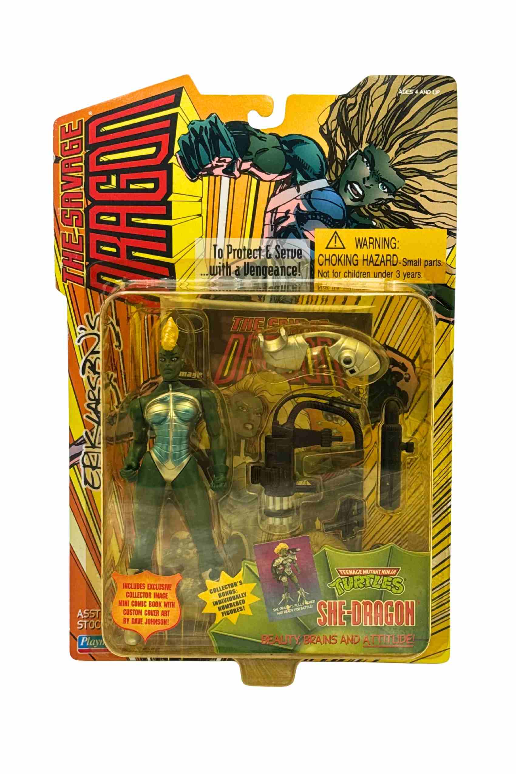 Front carded shot of She-Dragon action figure with yellow mohawk, green skin and metallic blue armour with rocketboot harness and weapon accessories in yellowed blister packaging
