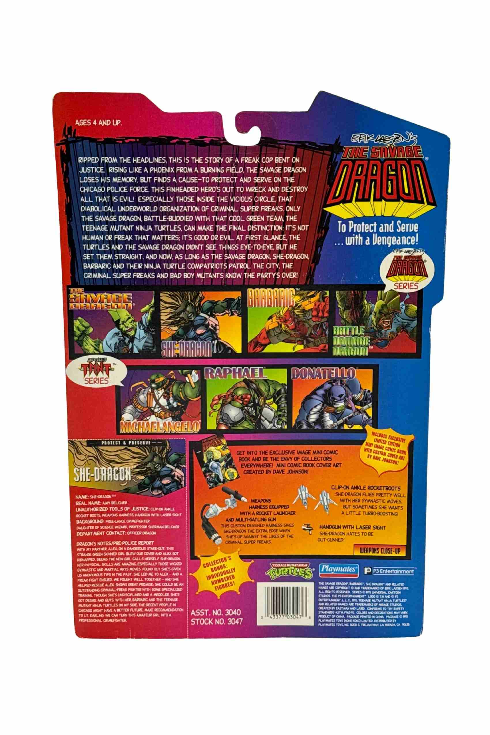 Rear packaging shot of She-Dragon Mohawk variant action figure showing The Savage Dragon and Teenage Mutant Ninja Turtles crossover lineup including Raphael, Donatello and Michaelangelo