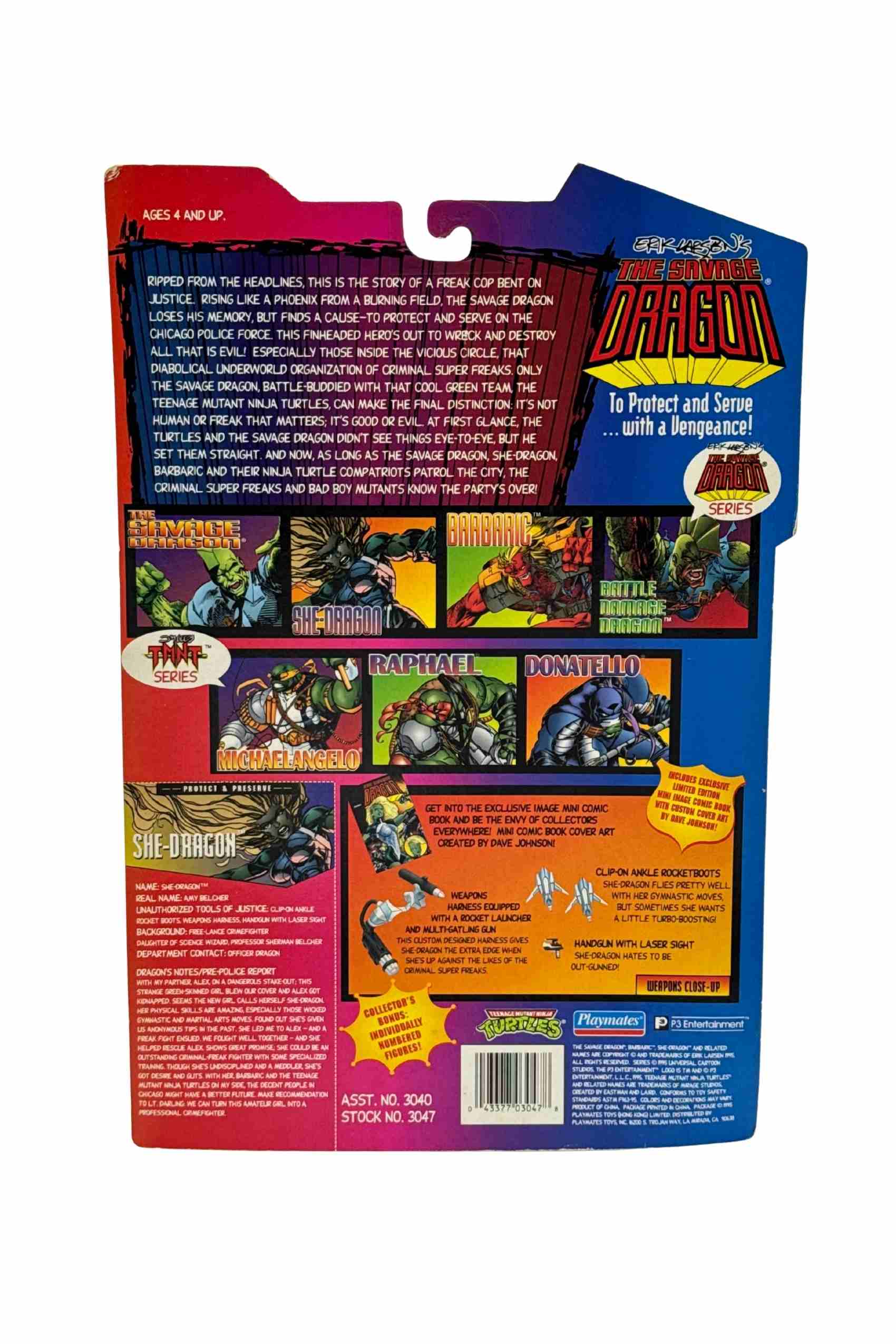 Rear packaging shot of She-Dragon action figure showing The Savage Dragon and Teenage Mutant Ninja Turtles crossover lineup including Raphael, Donatello, Michaelangelo and Barbaric