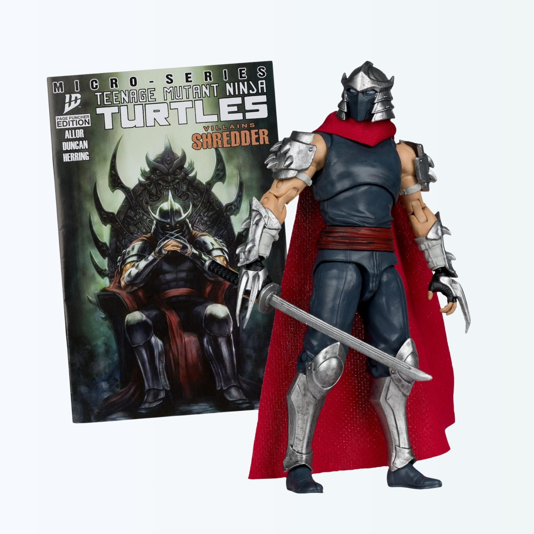 Front shot of Shredder action figure with red cape and included comic book